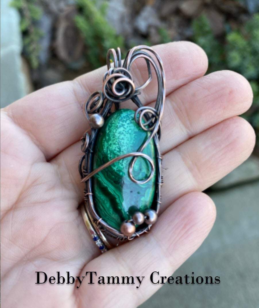 Malachite Wire Wrapped Pendant With Copper Bead Embellishments