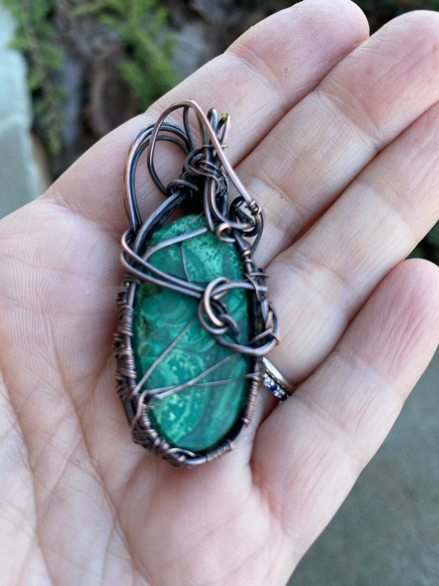 Malachite Wire Wrapped Pendant With Copper Bead Embellishments