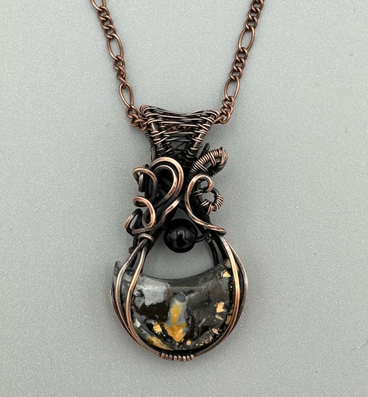 Mookaite Jasper Crescent Moon With Bead Handmade Wire Wrapped Pendant