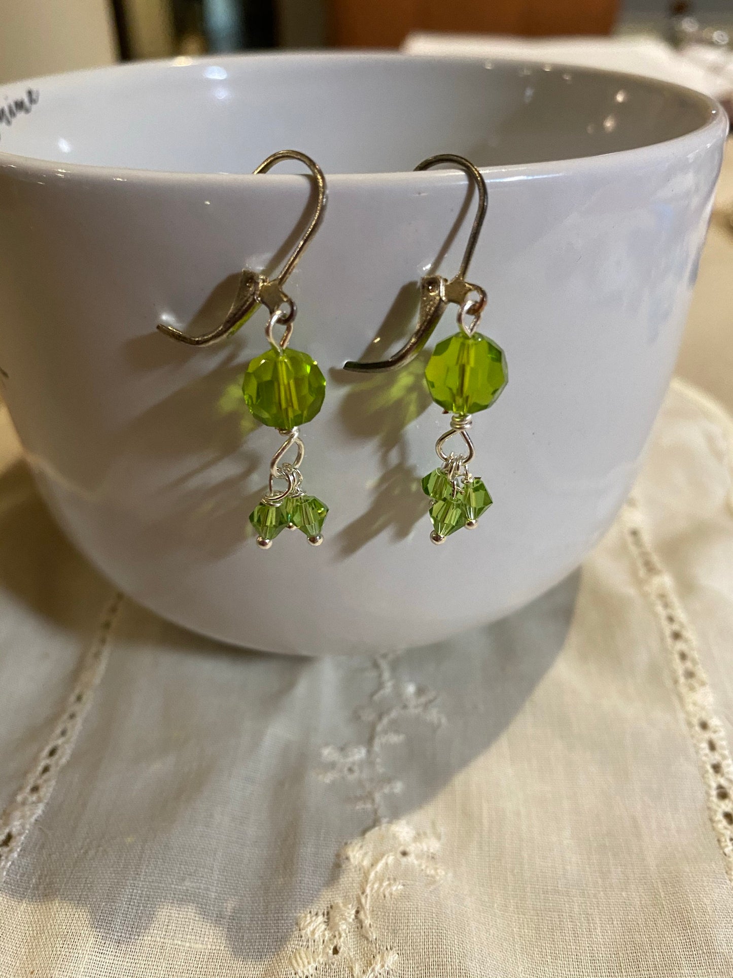 Lime Green Swarovski Crystal Earrings, Bicone Cluster Dangles