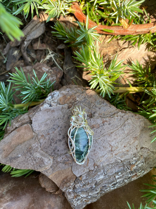 Beautiful Green Seraphinite Teardrop Wire Wrapped Pendant