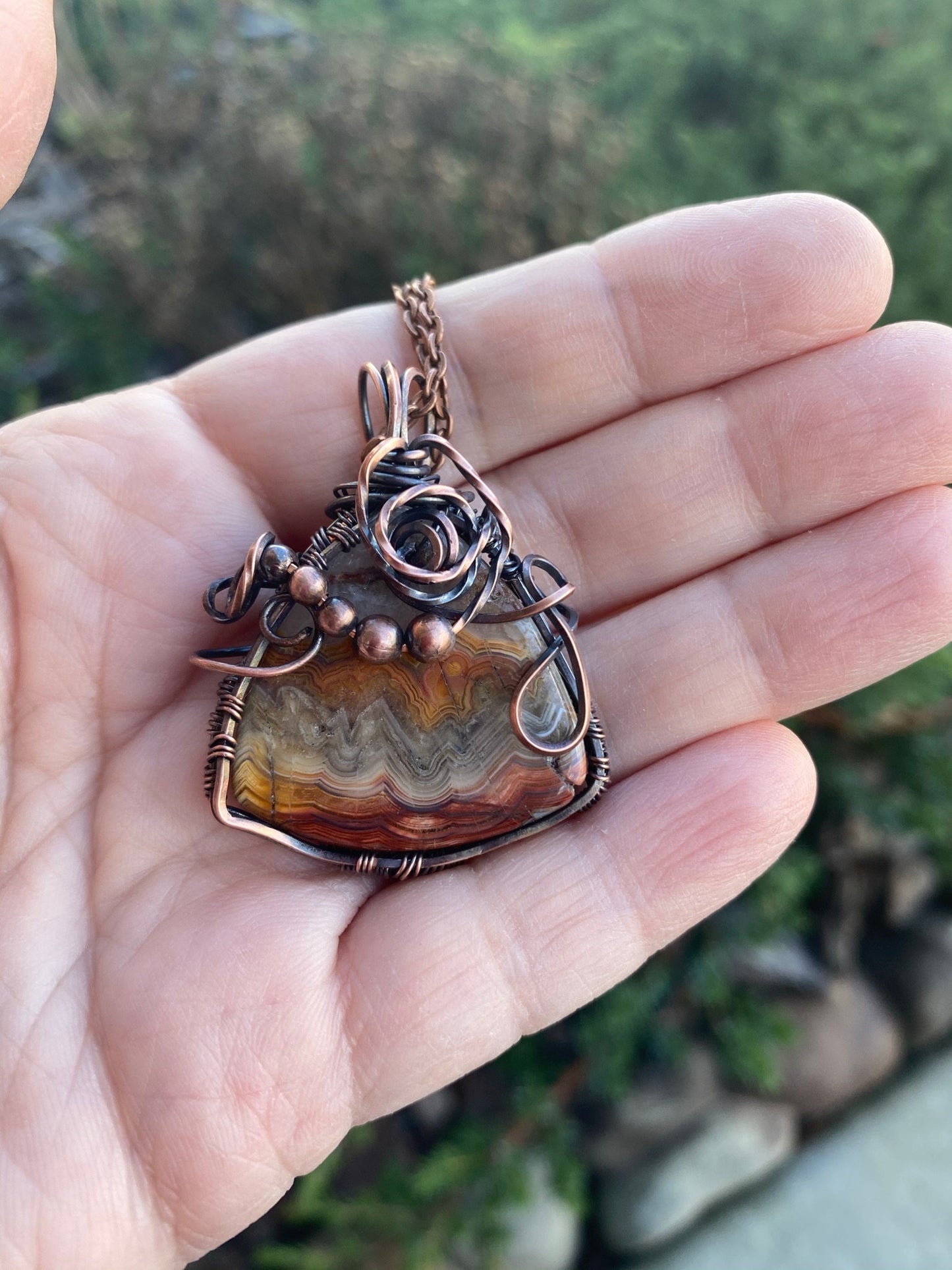 Wire Wrapped Crazy Lace Triangular Pendant