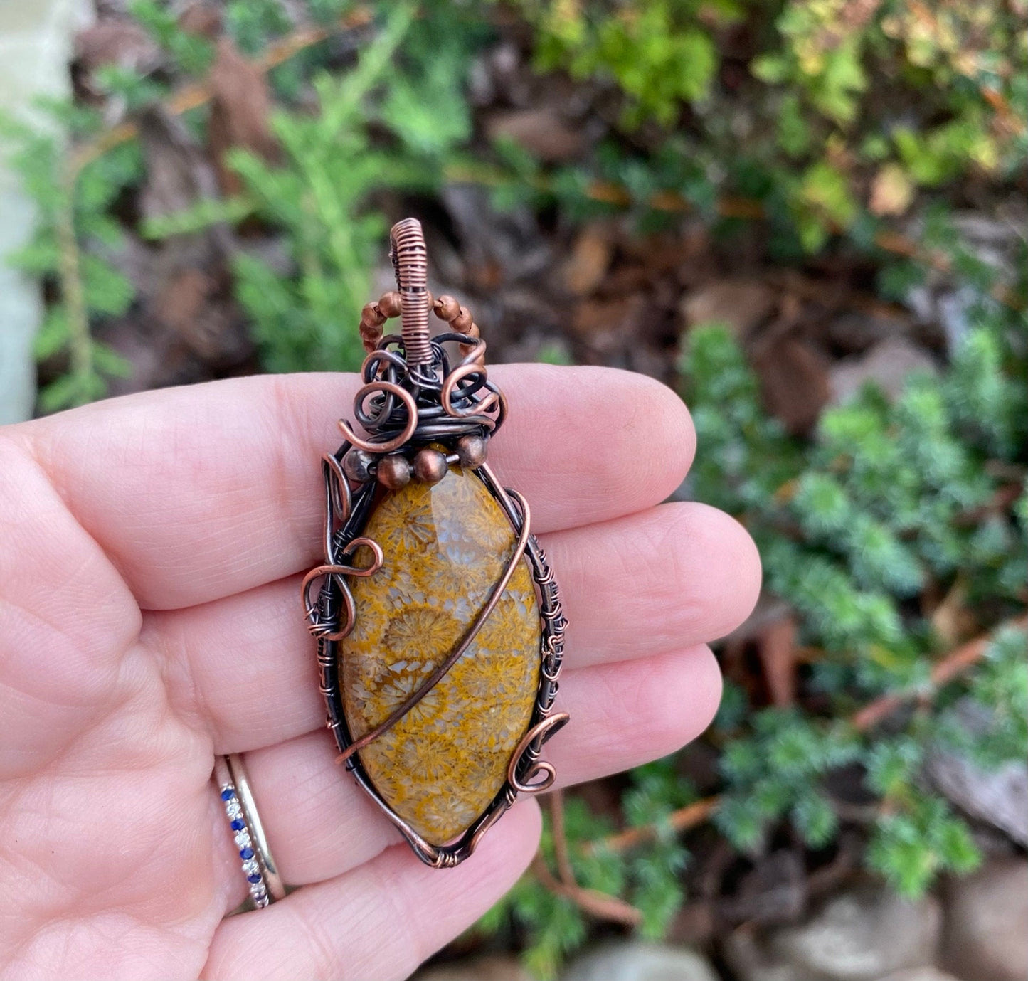 Fossilized Marquise Pendant Wire Wrapped in Copper Wire