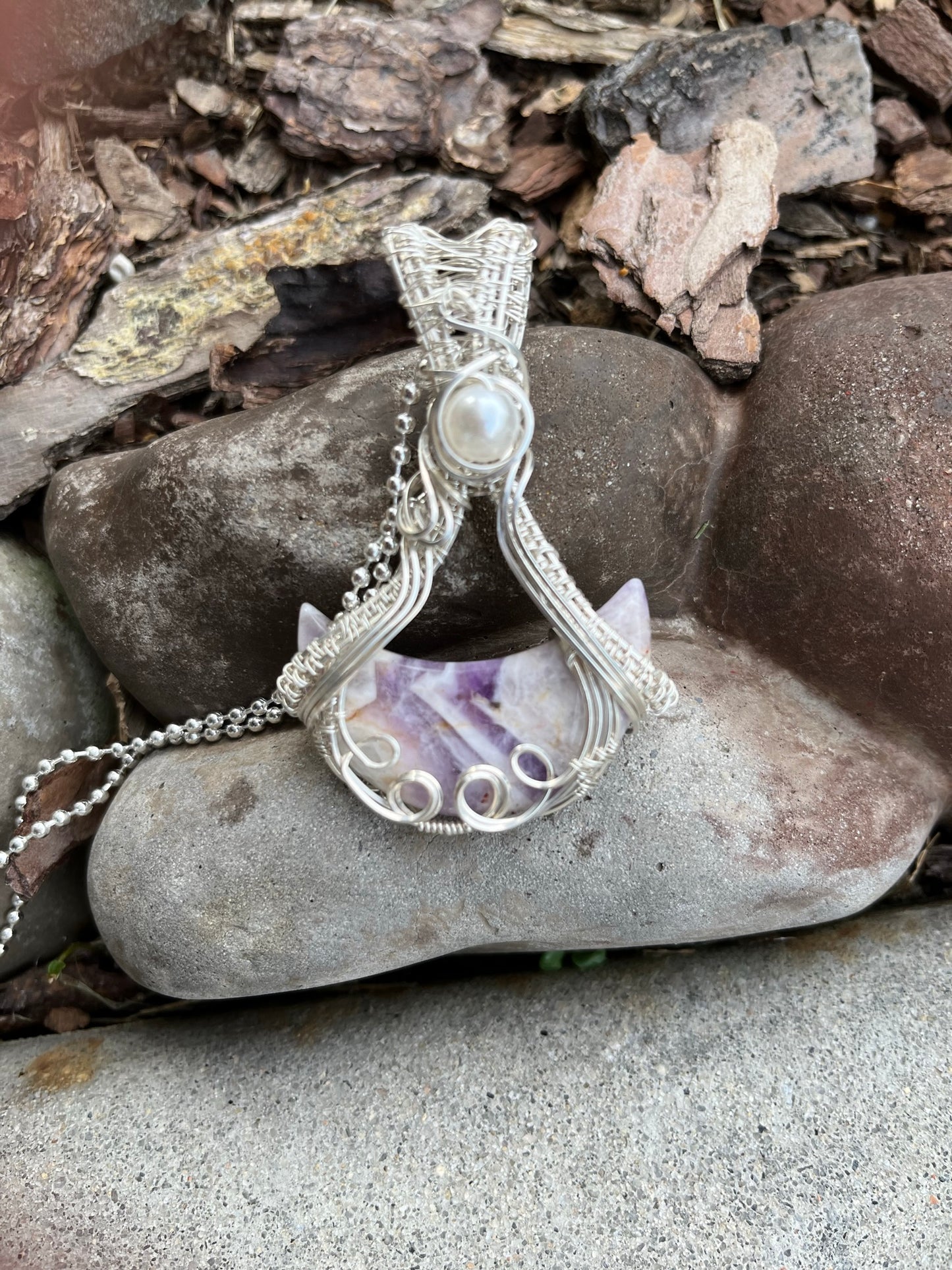 Argentium Sterling Silver Wire Wrapped Amethyst Crescent Moon Pendant
