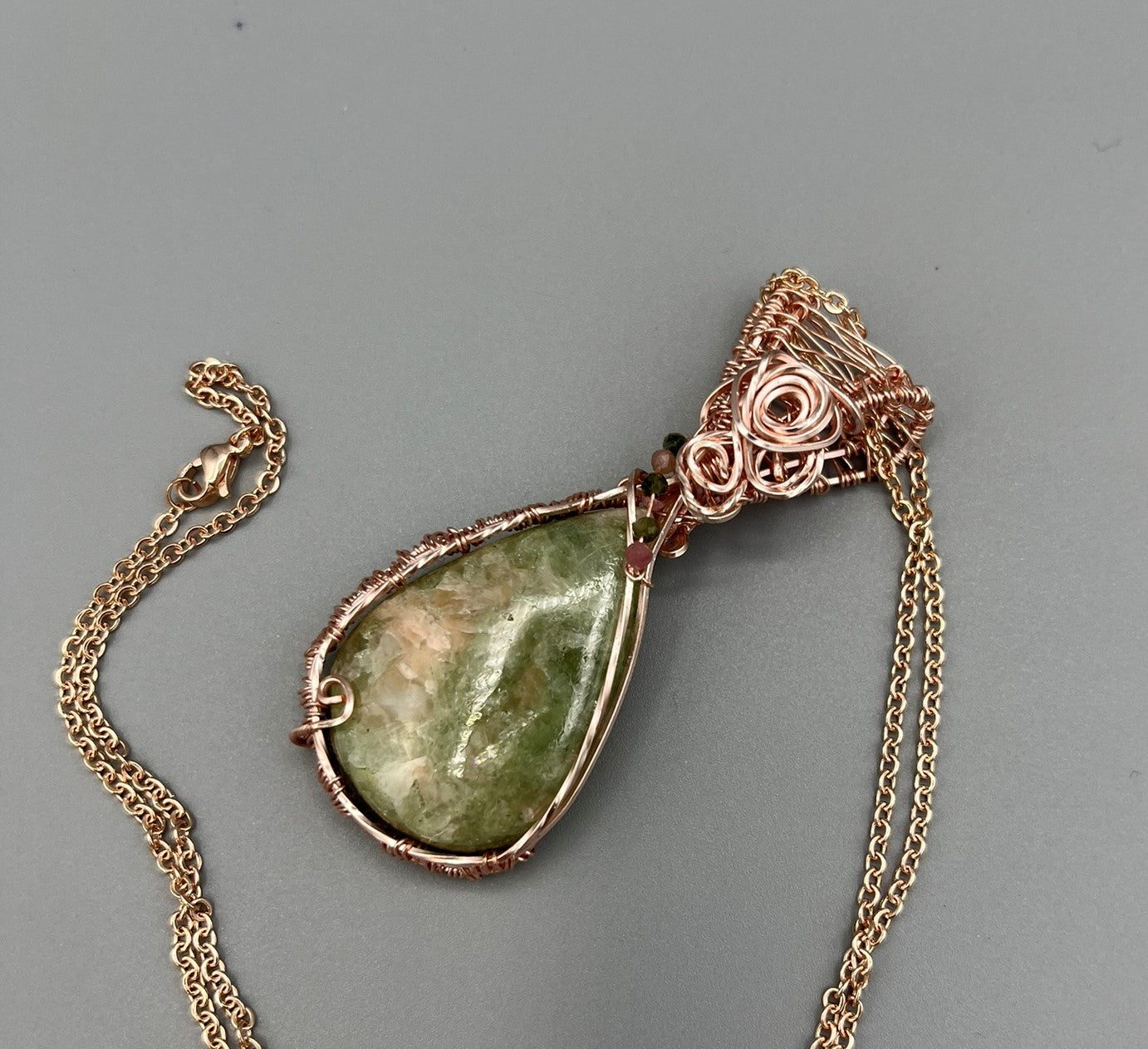 Indian Serpentine Teardrop Wire Wrapped in Rose Gold Wire