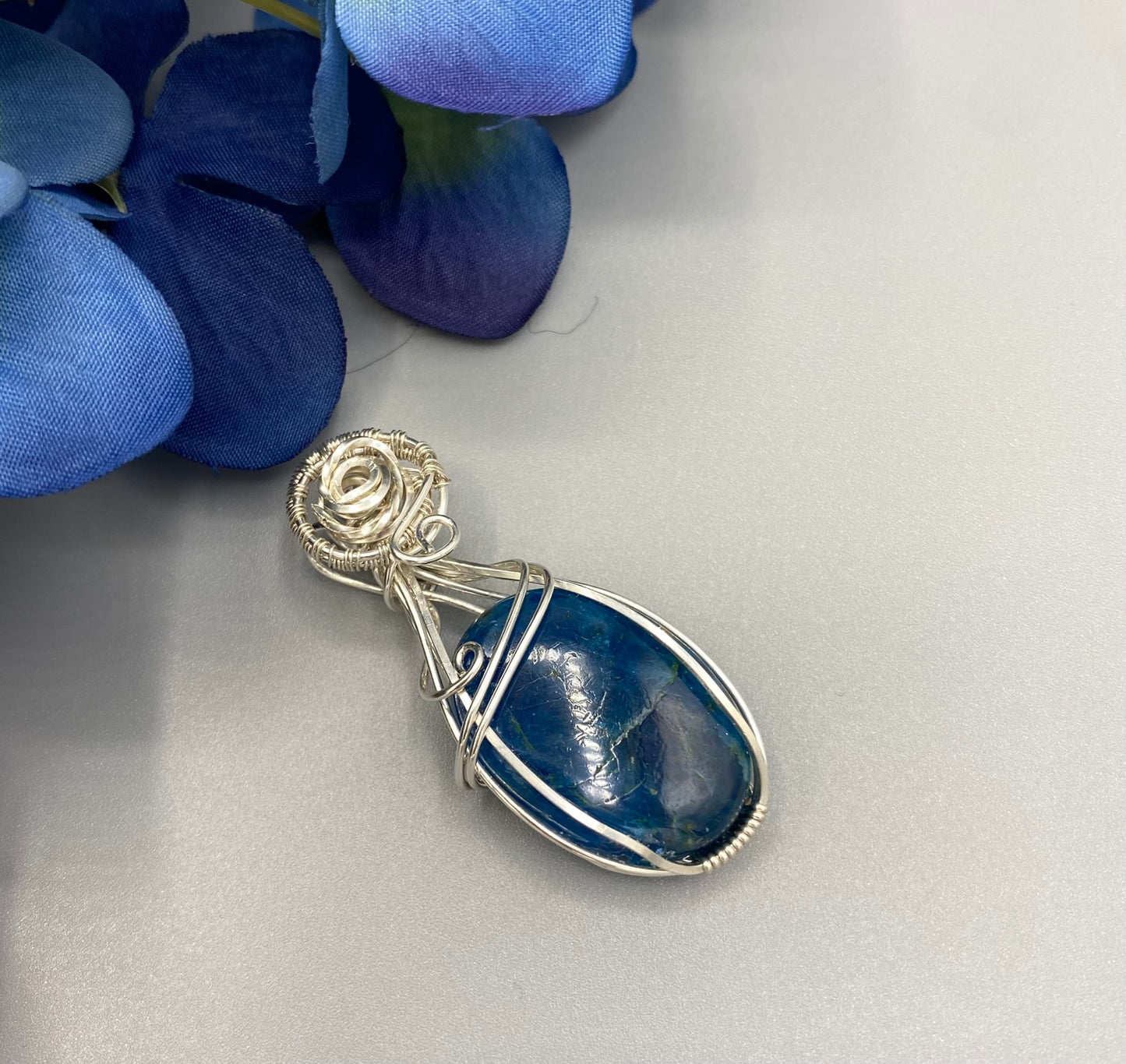 Blue Apatite Wire Wrapped in Silver Plated Wire