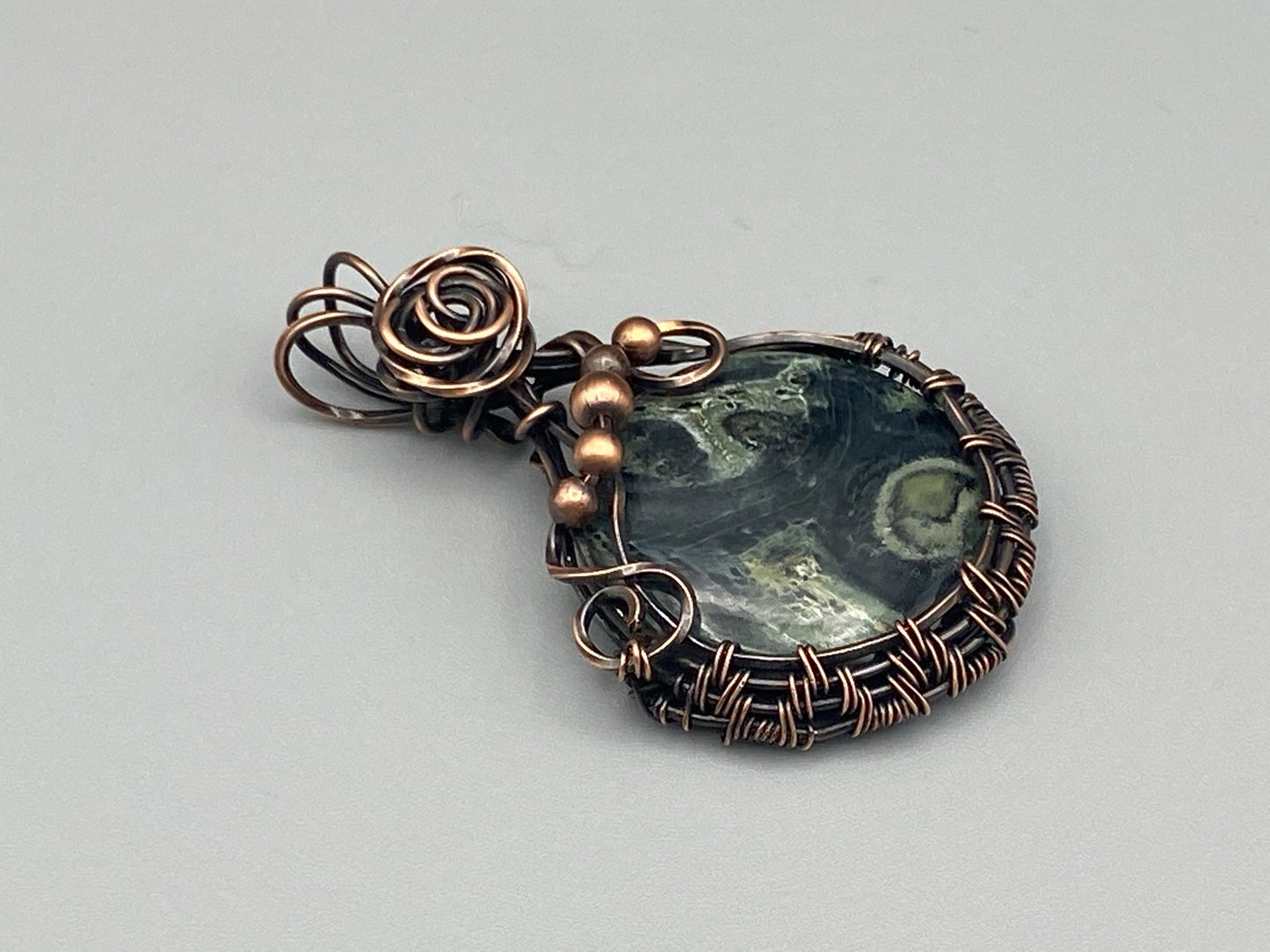 Natural Kambaba Jasper, Wire Wrapped and Woven Round Pendant