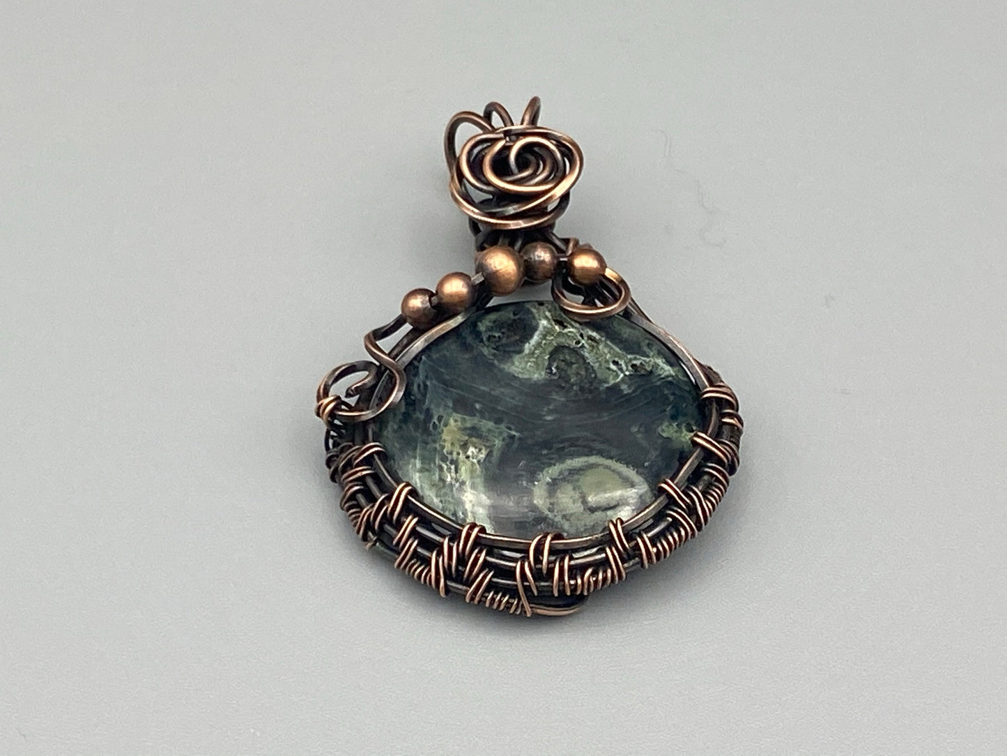 Natural Kambaba Jasper, Wire Wrapped and Woven Round Pendant