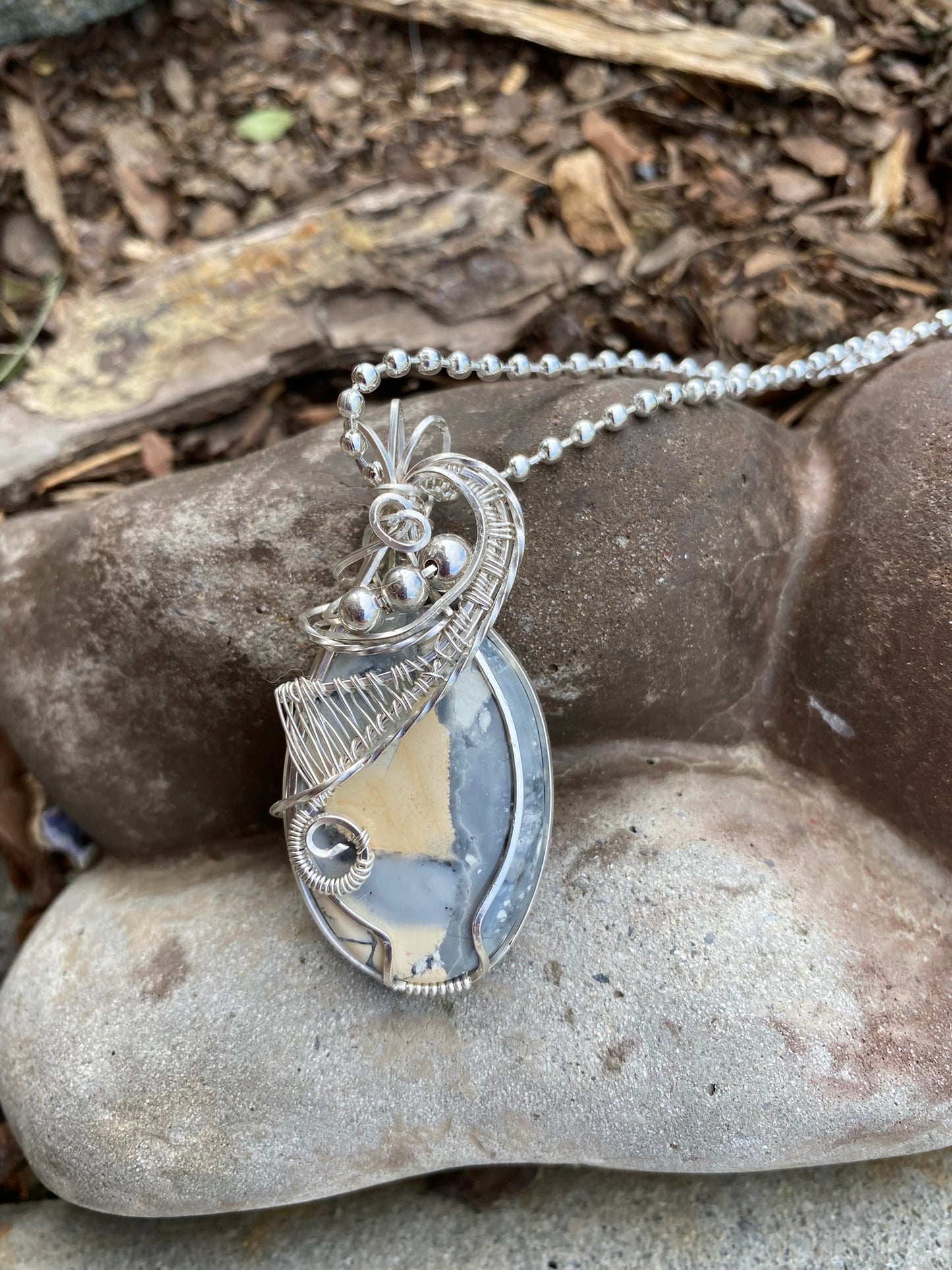 Oval Maligano Pendant Wire Wrapped in Argentium Silver