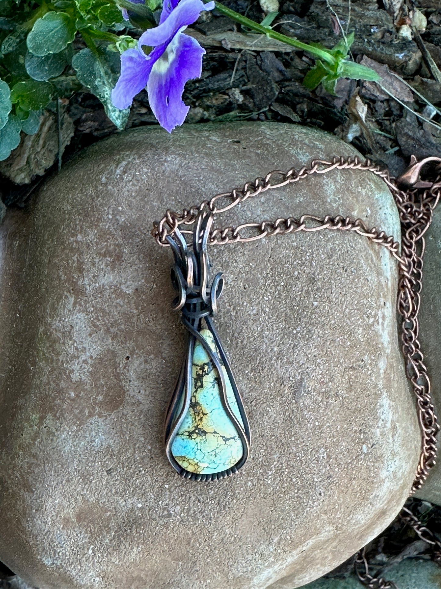 Handmade Turquoise Teardrop Pendant Wrapped In Copper Wire