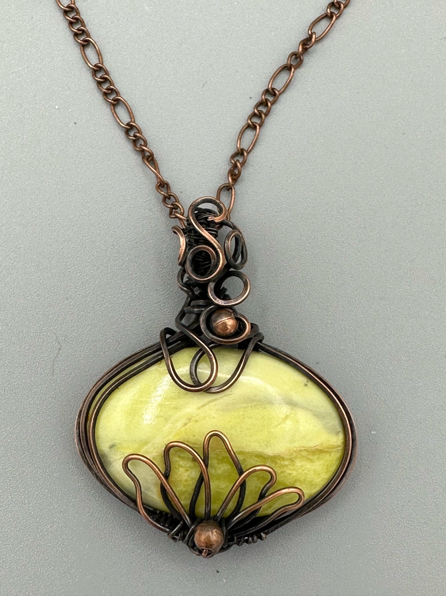 Green Opal With Lotus Handmade Wire Wrapped Pendant