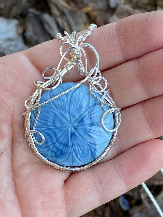 Round Blue Carved Opal | Wire Wrapped Opal