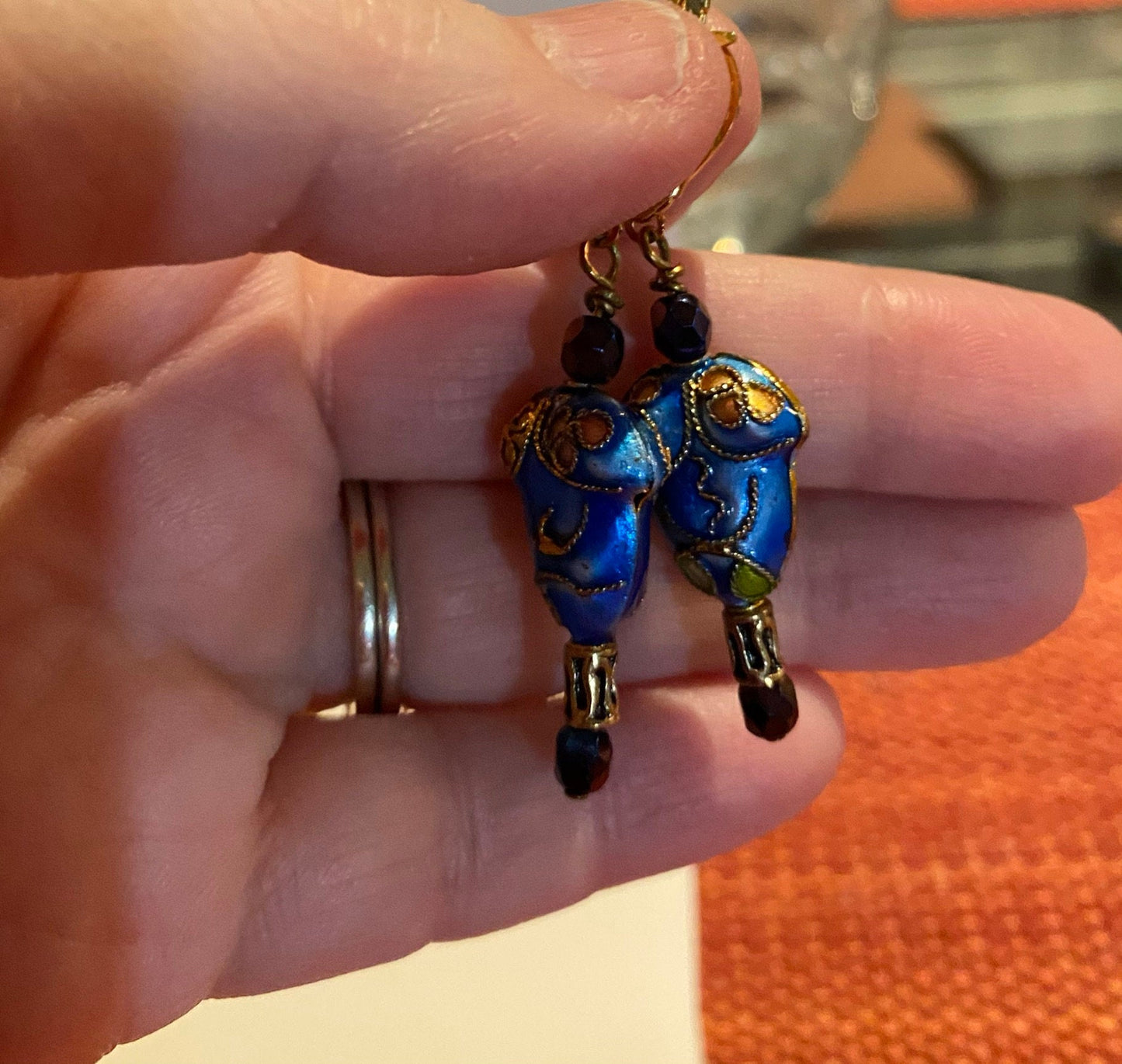 Blue Cloisionne Dangle Earrings With Gold Lever Hooks