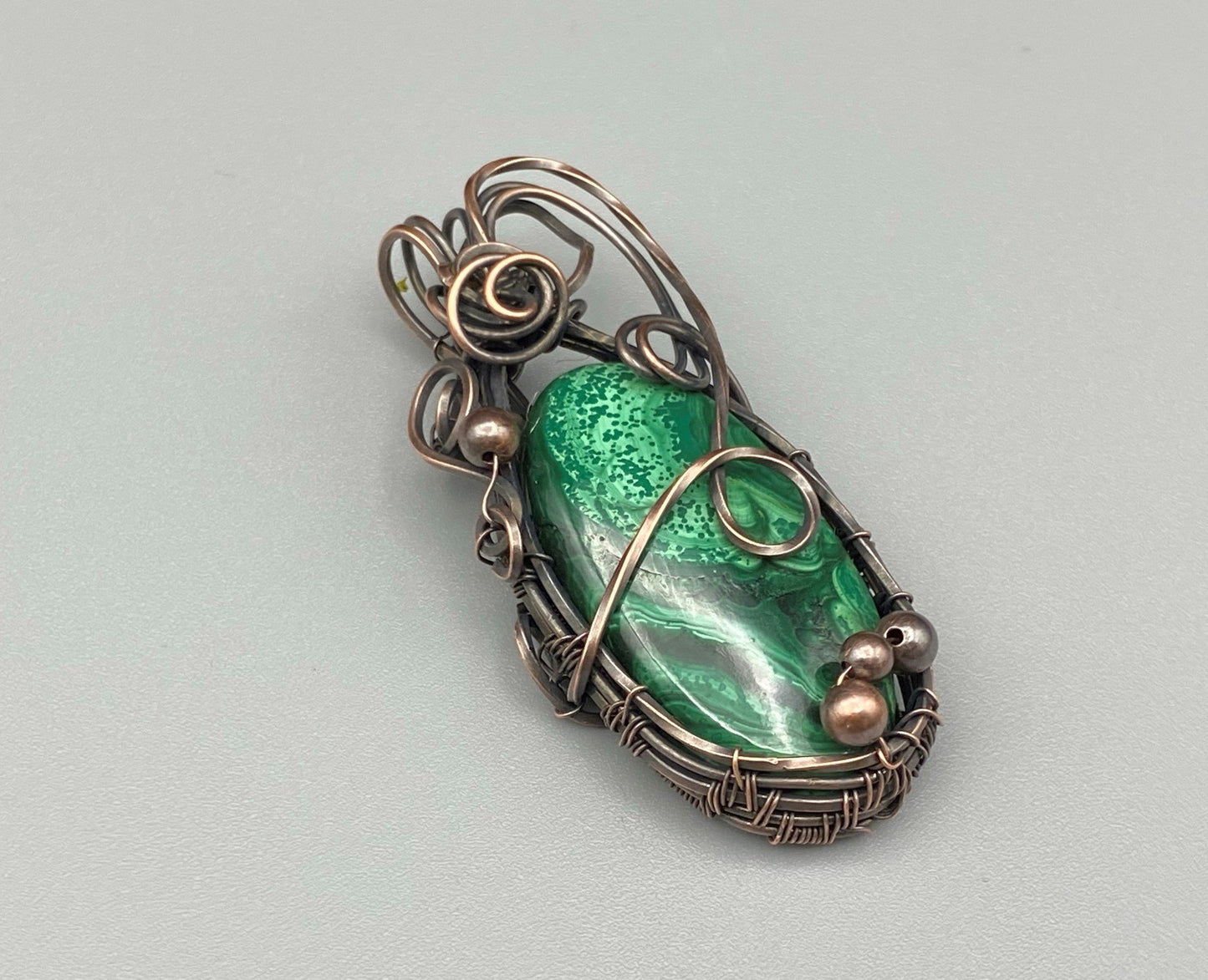 Malachite Wire Wrapped Pendant With Copper Bead Embellishments
