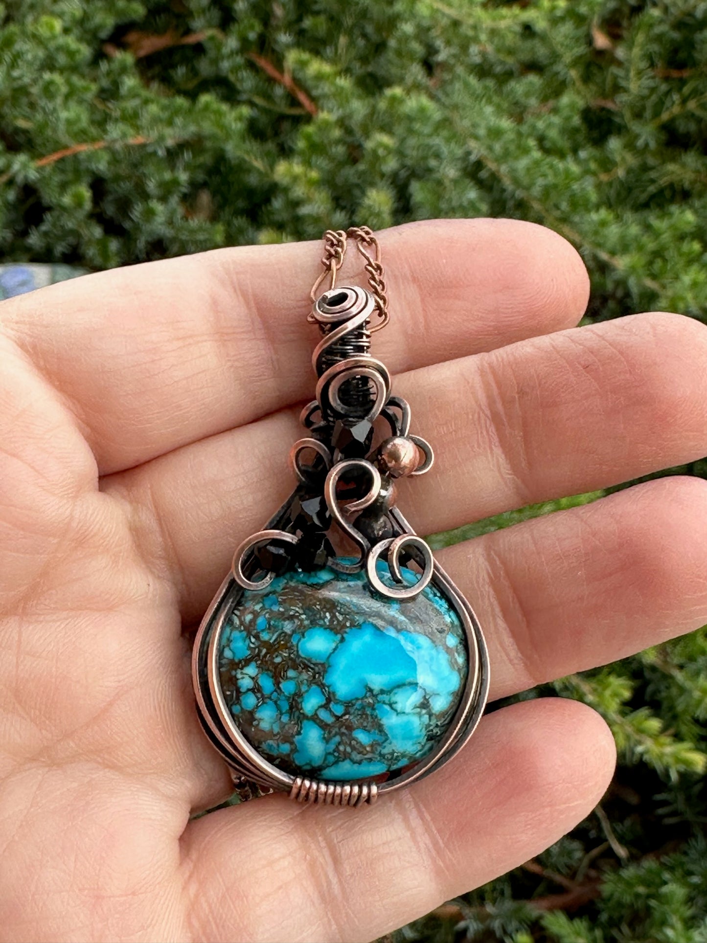 Natural Arizona Turquoise Oval With Beads Wire Wrapped Pendant