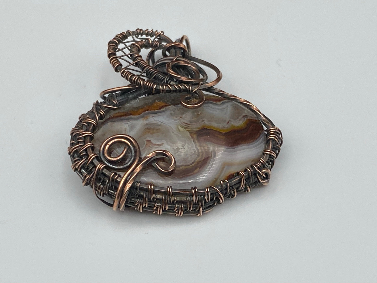 Earthy Mexican Oval Crazy Lace Agate Pendant, Wire Wrapped and Woven