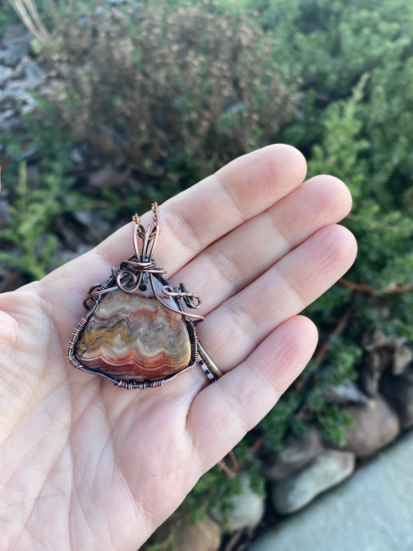 Wire Wrapped Crazy Lace Triangular Pendant