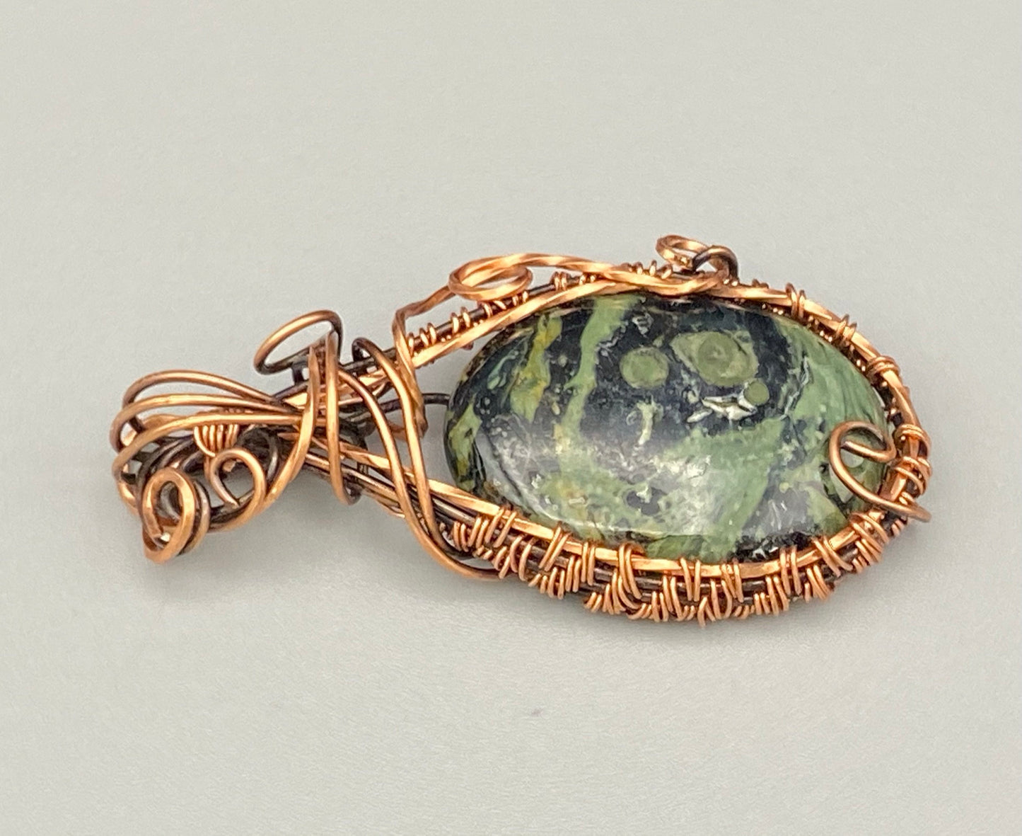 Natural Kambaba Jasper, Wire Wrapped and Woven Oval Pendant