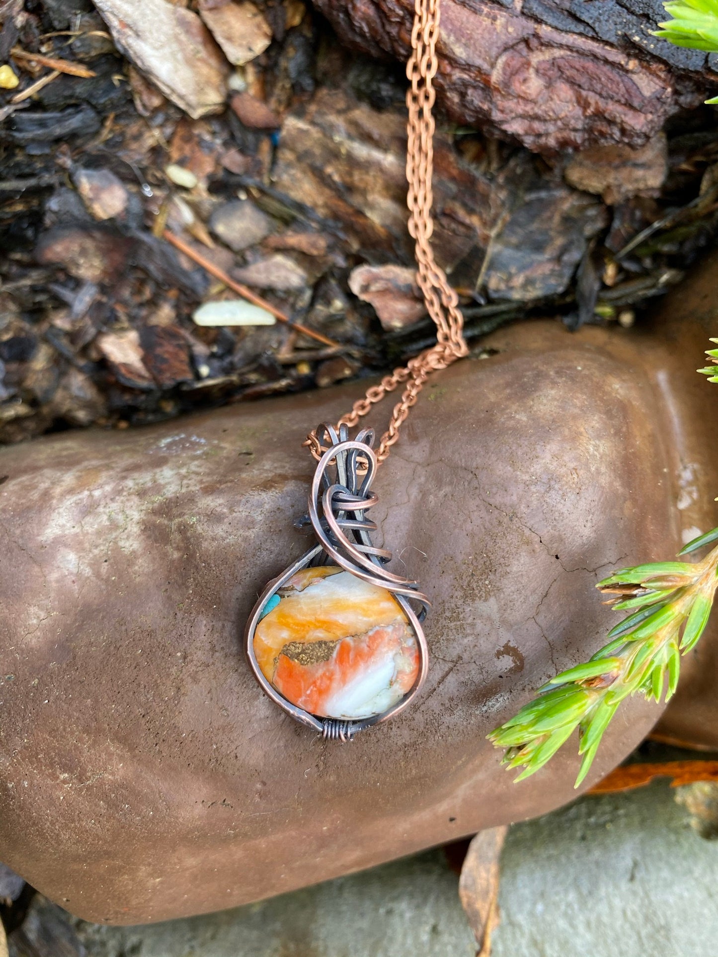 Rare Oval Copper and Turquoise Wire Wrapped Pendant