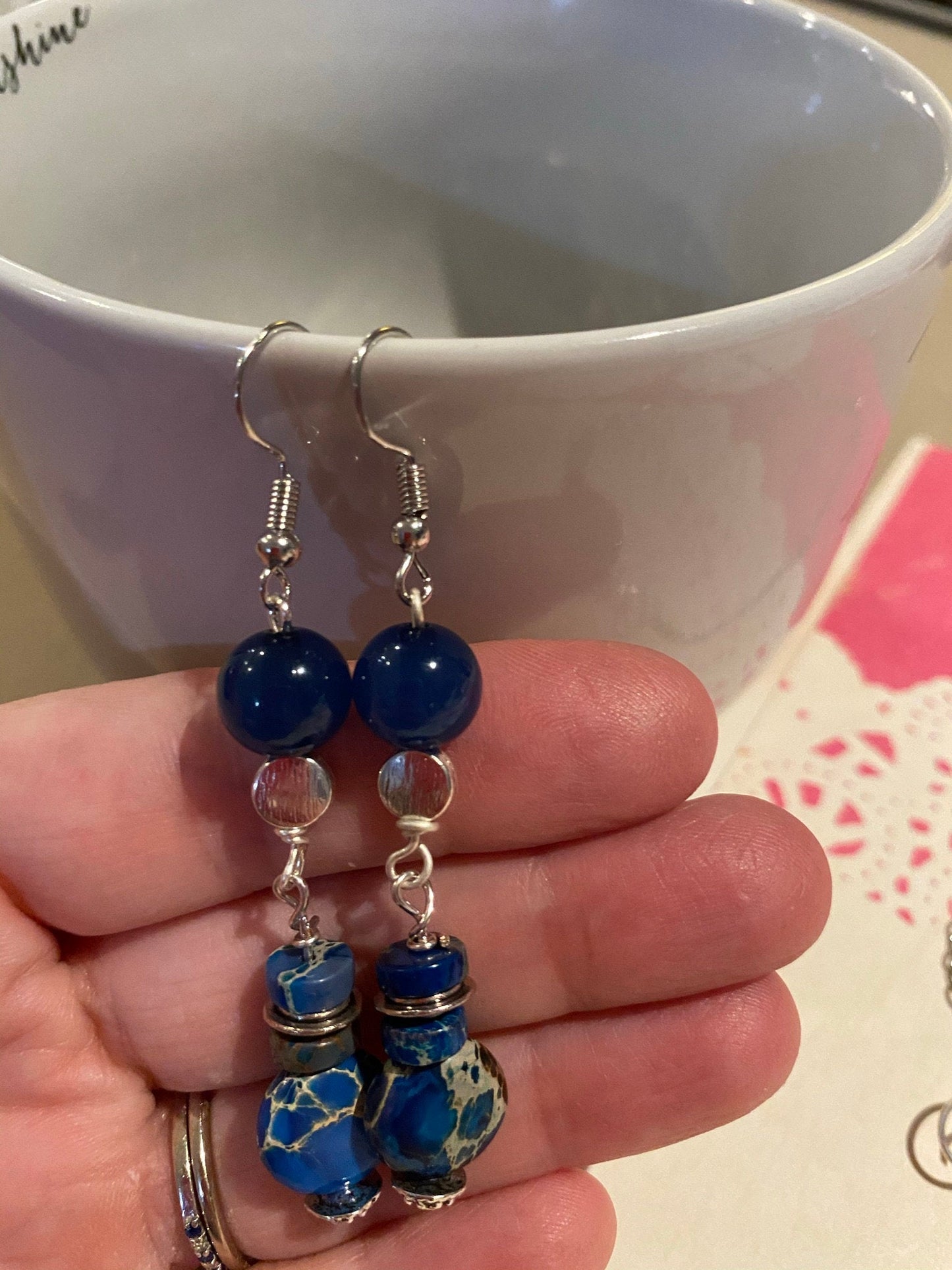 Blue Beaded Boho Earrings with Stacked Round Beads