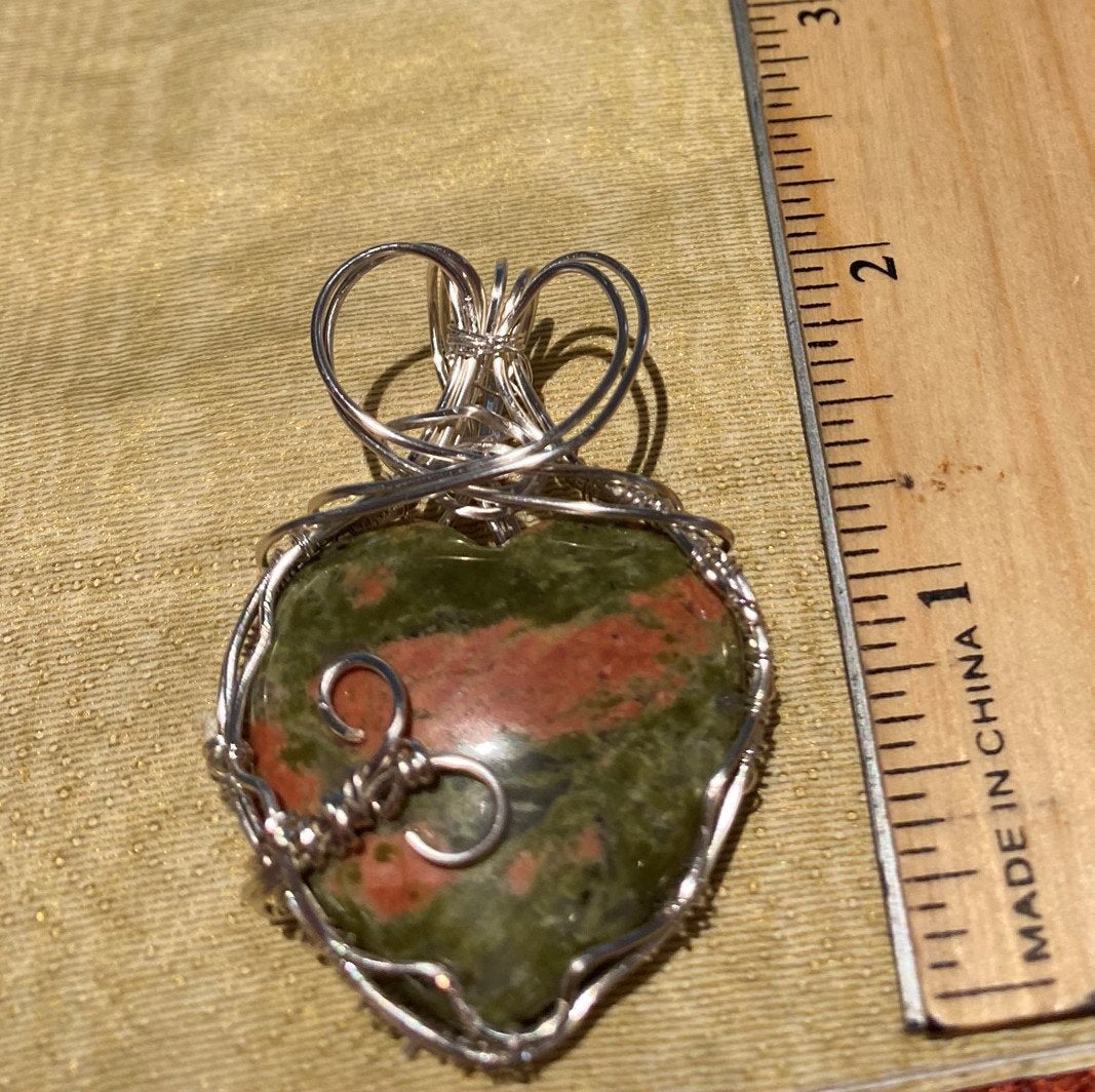 Wire Wrapped Unakite Heart Pendant with Silver Wire