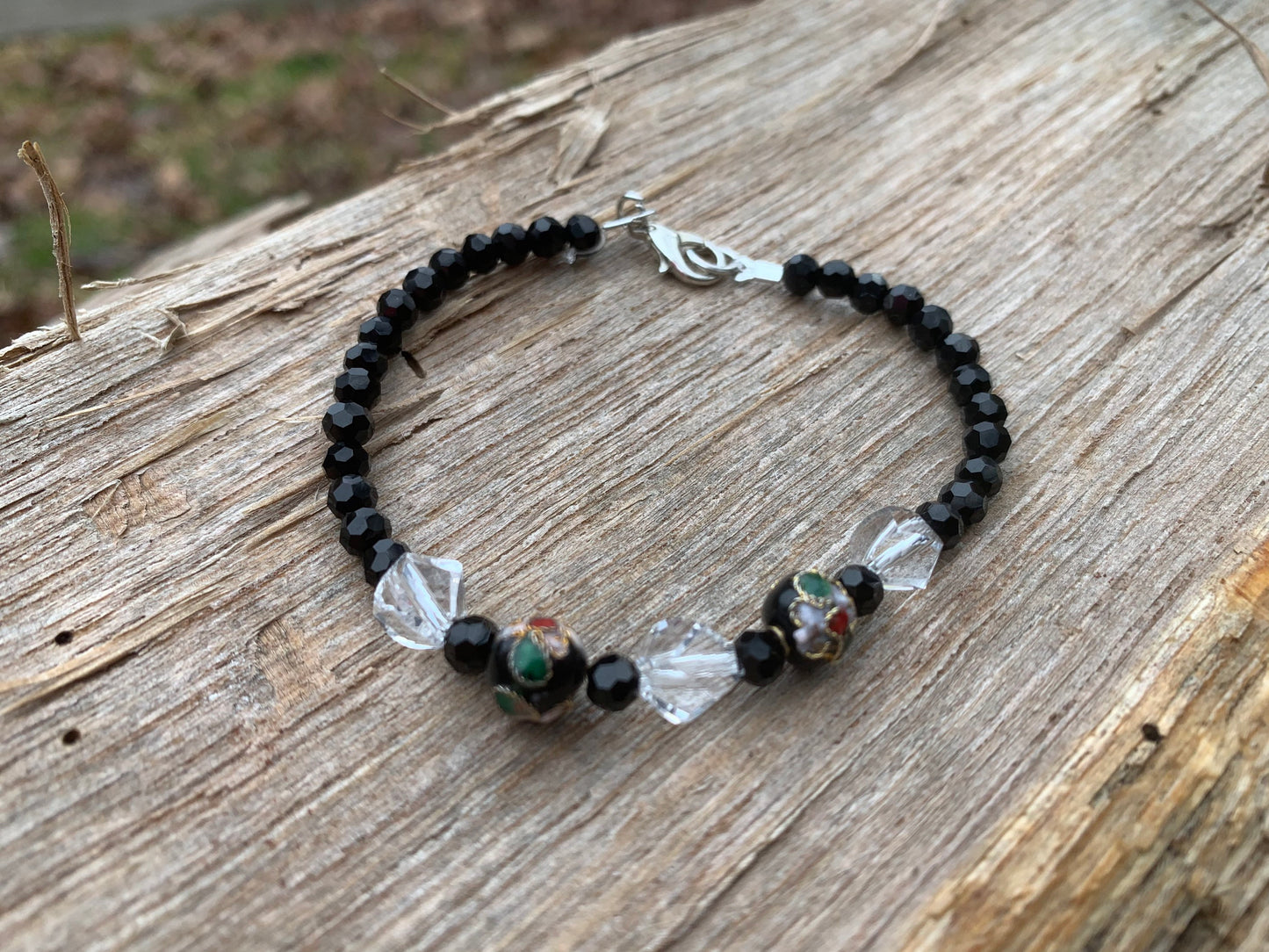 Unique Flower Beaded Bracelet with Clear Crystal and Black Crystal Beads