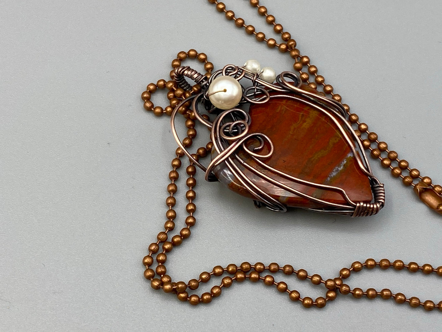 Heart Shaped Agate Pendant Wire Wrapped In Antique Copper