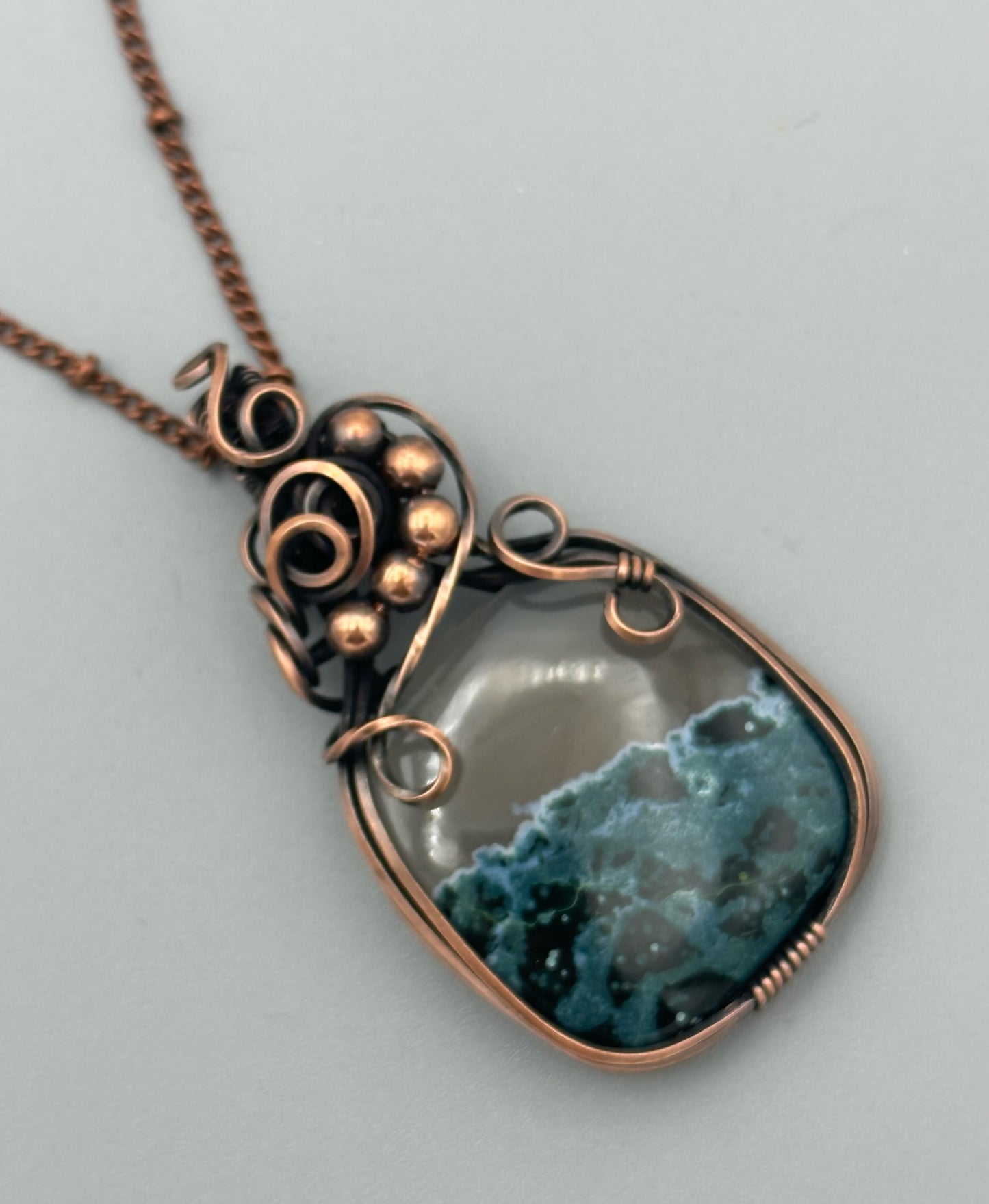 Handmade Wire Wrapped Rounded Square Stone With Copper Beads