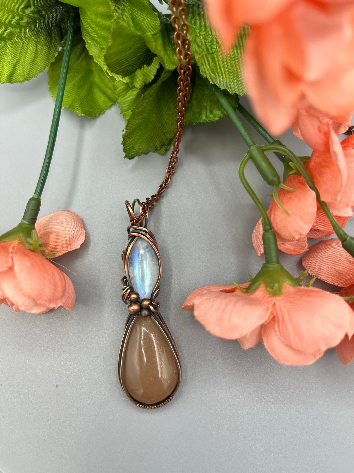Peach and Clear Moonstone Double Wire Wrapped Pendant