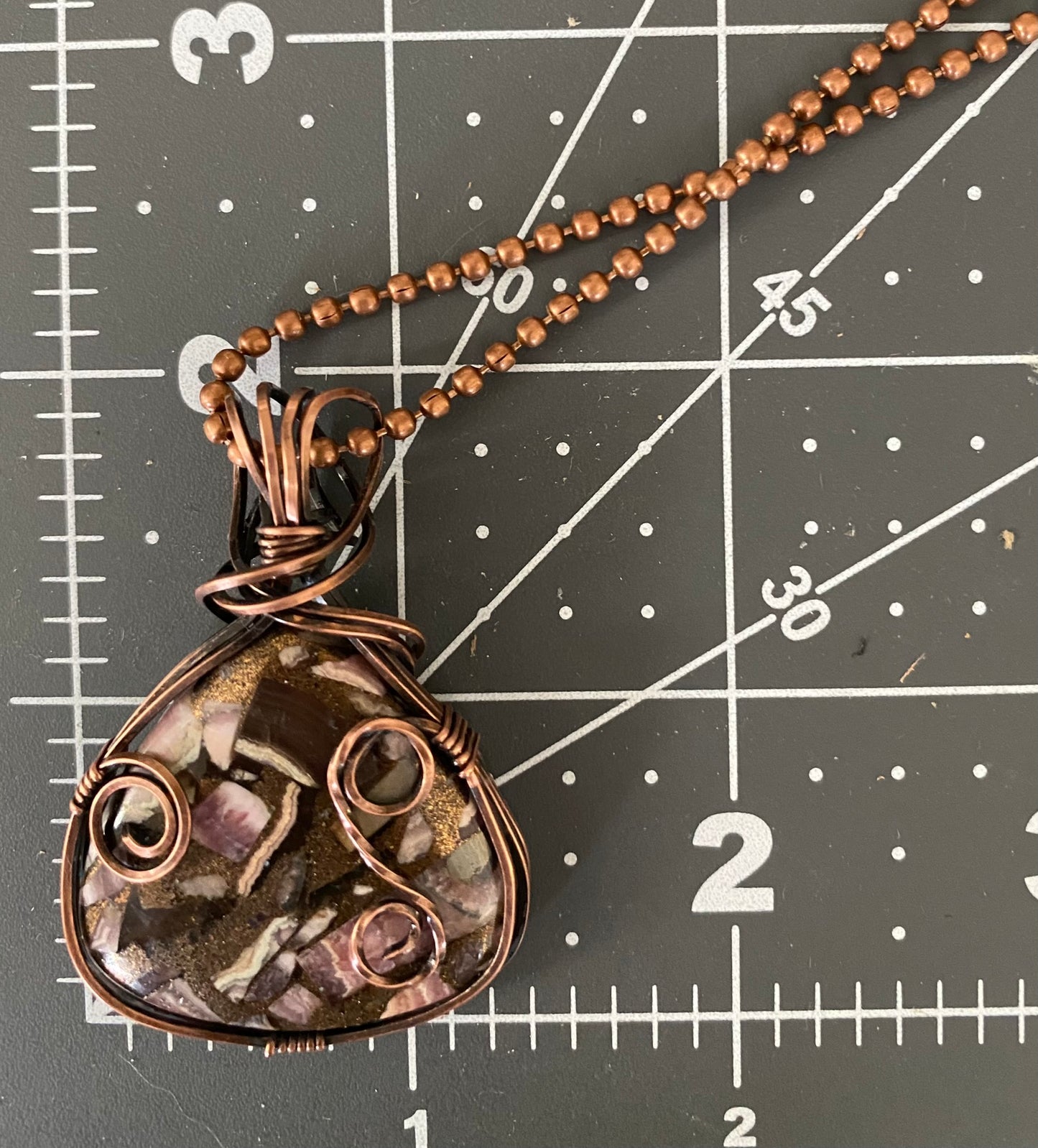 Pink and Copper Triangle Pendant | Copper Wire Wrapped Pendant
