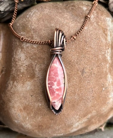 Wire Wrapped Rhodochrosite Marquise Shaped Pendant | Copper Wire Jewelry