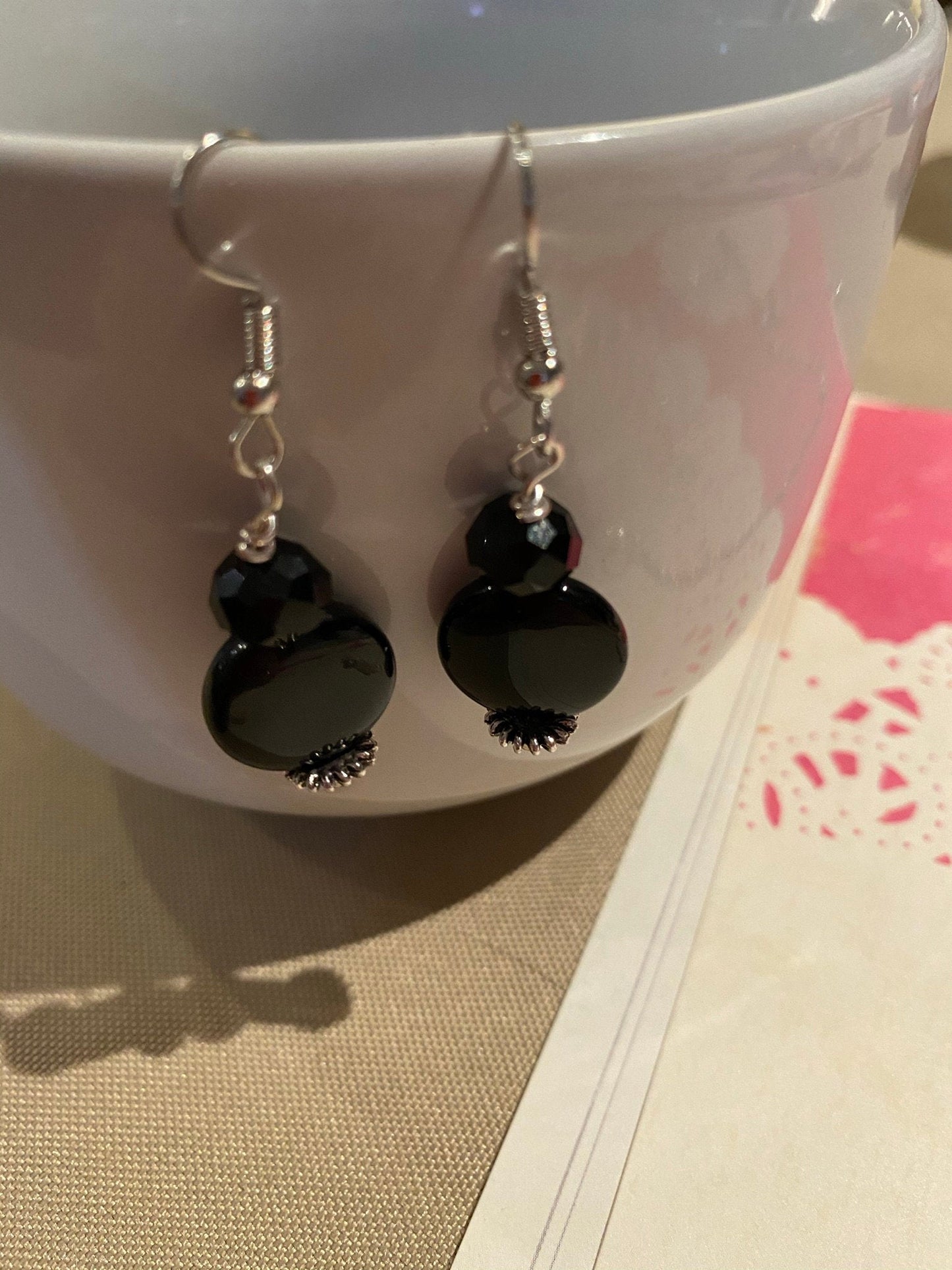 Flat round black boho earrings with faceted round beads