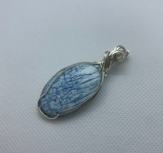 Blue Scolecite Oval Wire Wrapped Pendant