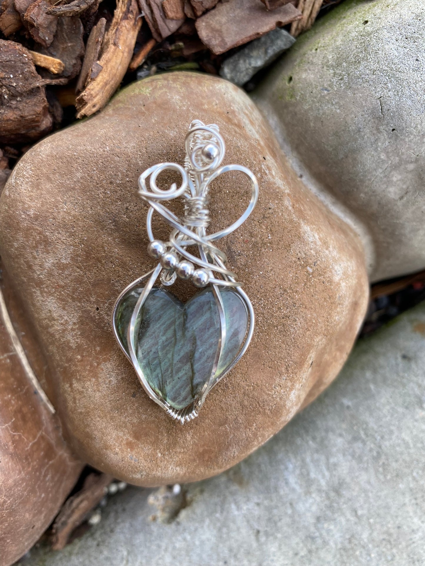 Labradorite Heart Wire Wrapped Pendants | Silver Plated Wire