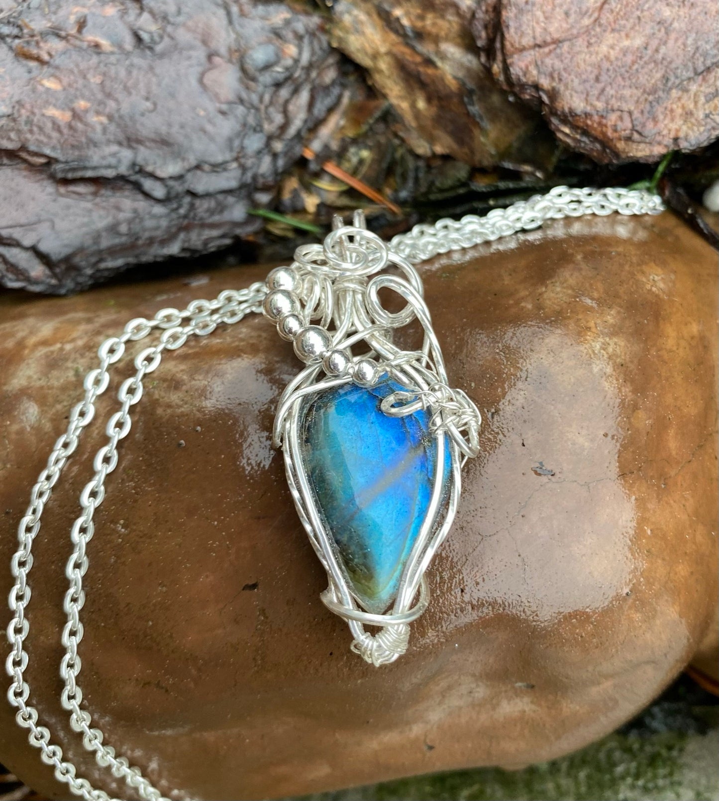 Wire Wrapped Blue Labradorite Pendant in Sterling Silver Wire