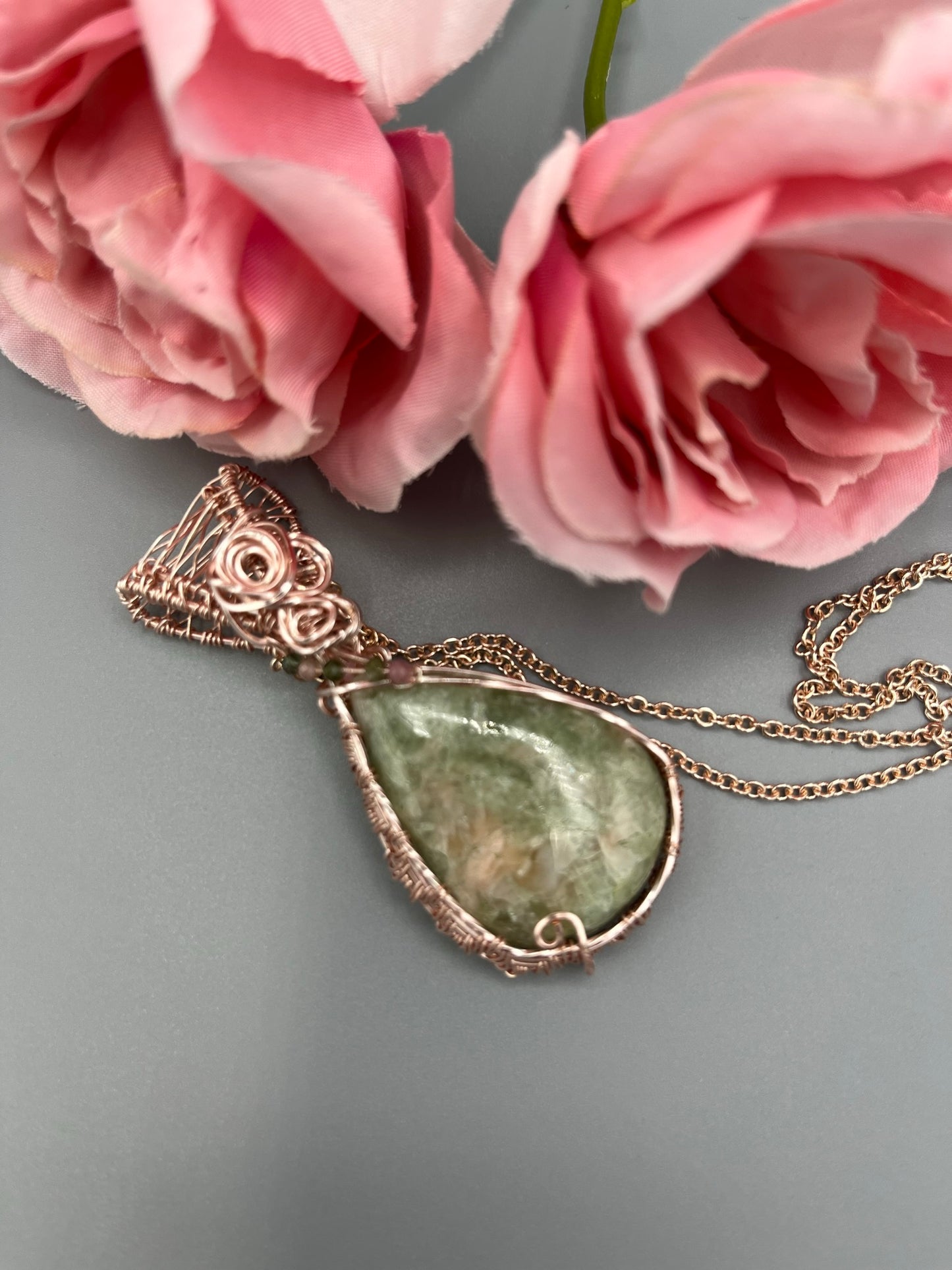Indian Serpentine Teardrop Wire Wrapped in Rose Gold Wire