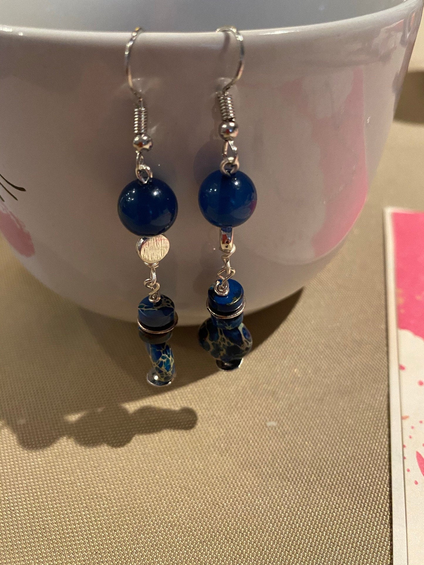 Blue Beaded Boho Earrings with Stacked Round Beads