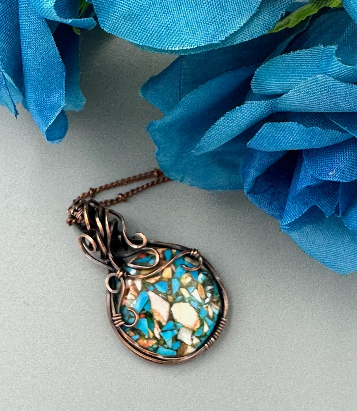 Round Copper Turquoise Mohave Handmade Wire Wrapped Pendant