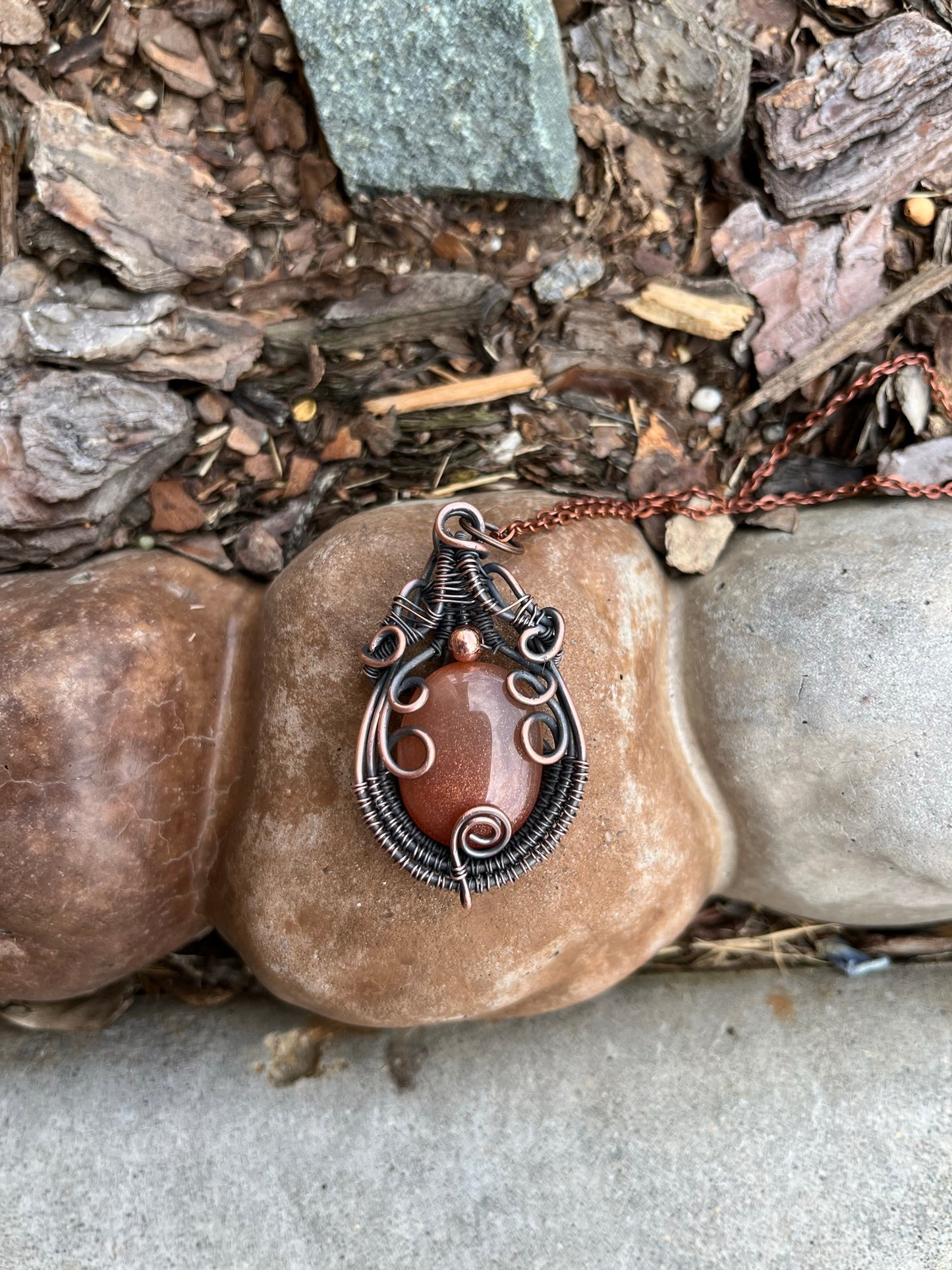 Wire Wrapped Round Peach Moonstone With Copper Bead