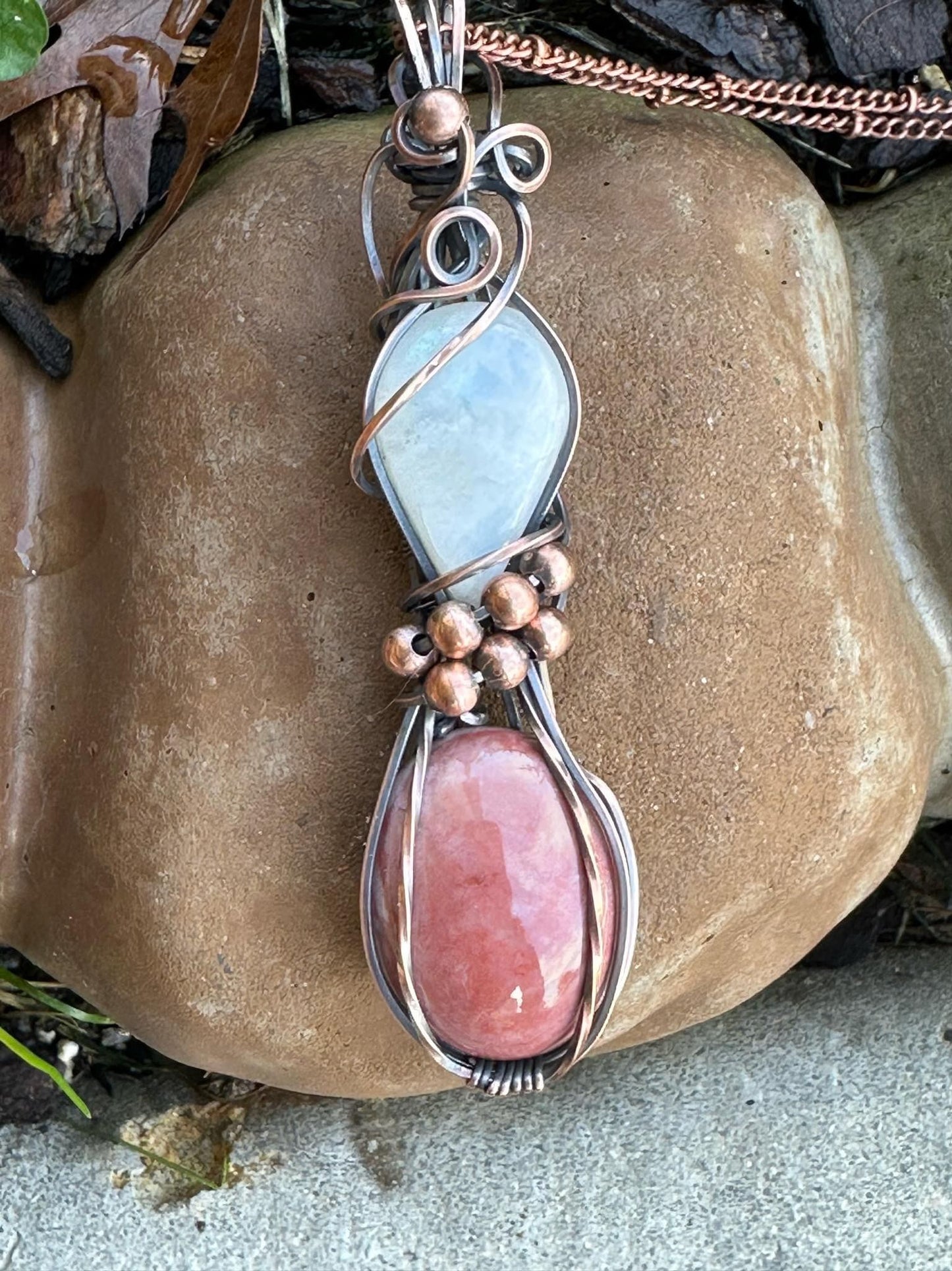 Imperial Jasper Oval And Moonstone Teardrop Double Handmade Wire Wrapped Pendant