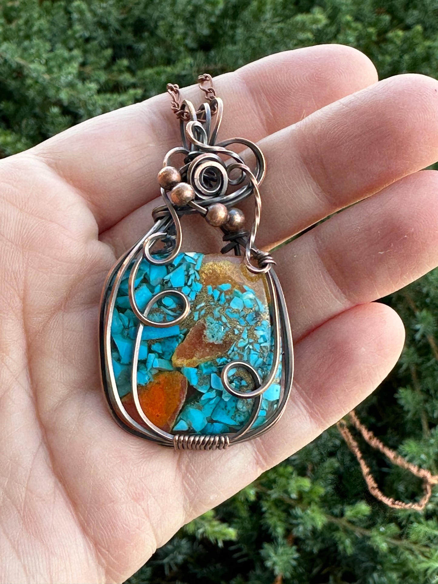 Square Copper Turquoise Mohave Handmade Wire Wrapped Pendant