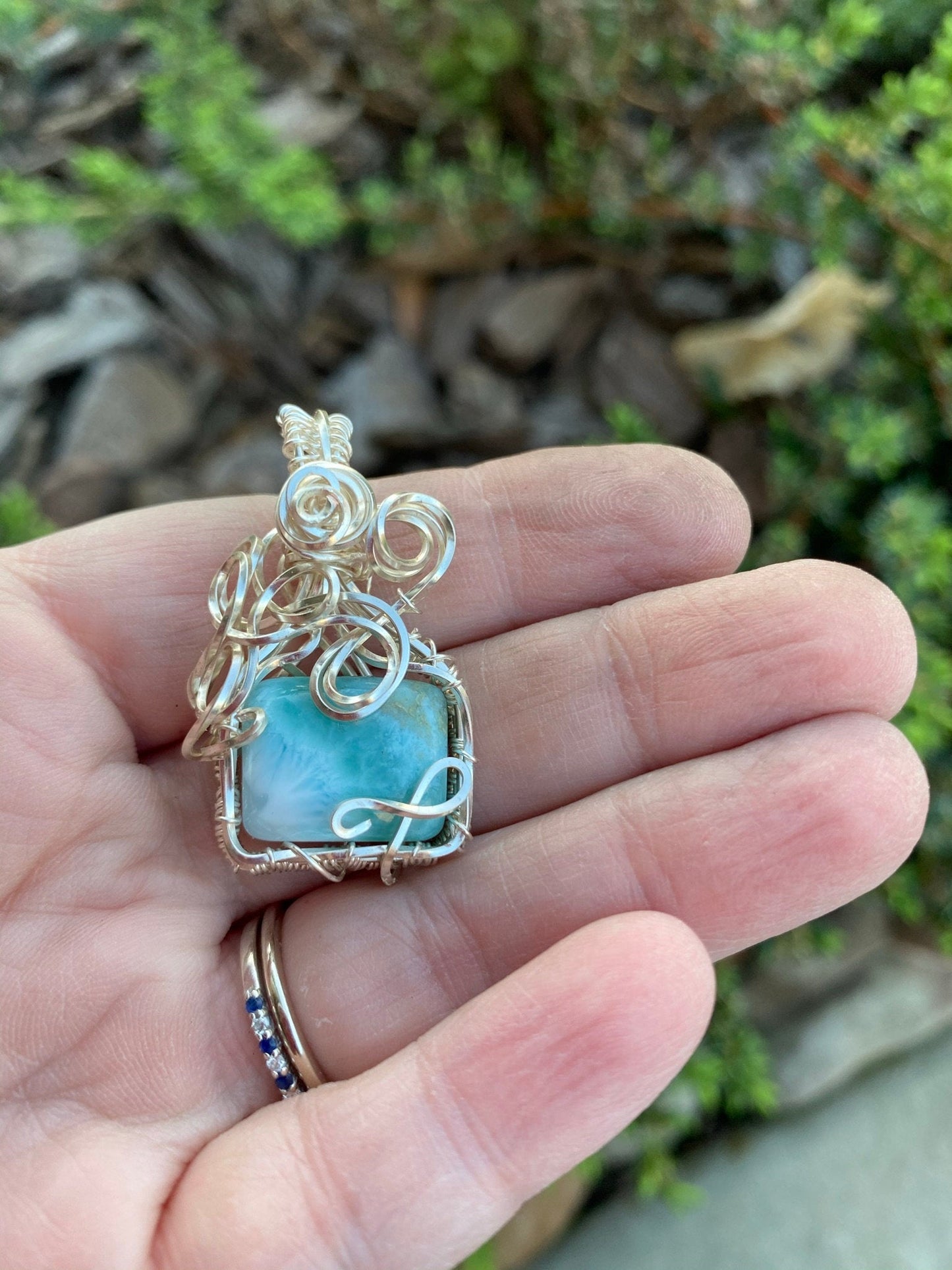 Square Larimar Wire Wrapped Pendant