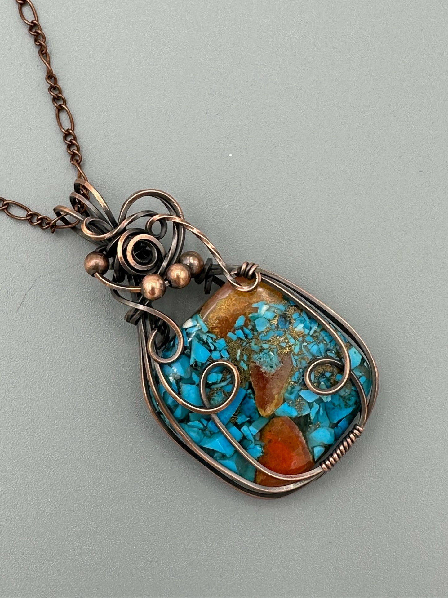 Square Copper Turquoise Mohave Handmade Wire Wrapped Pendant