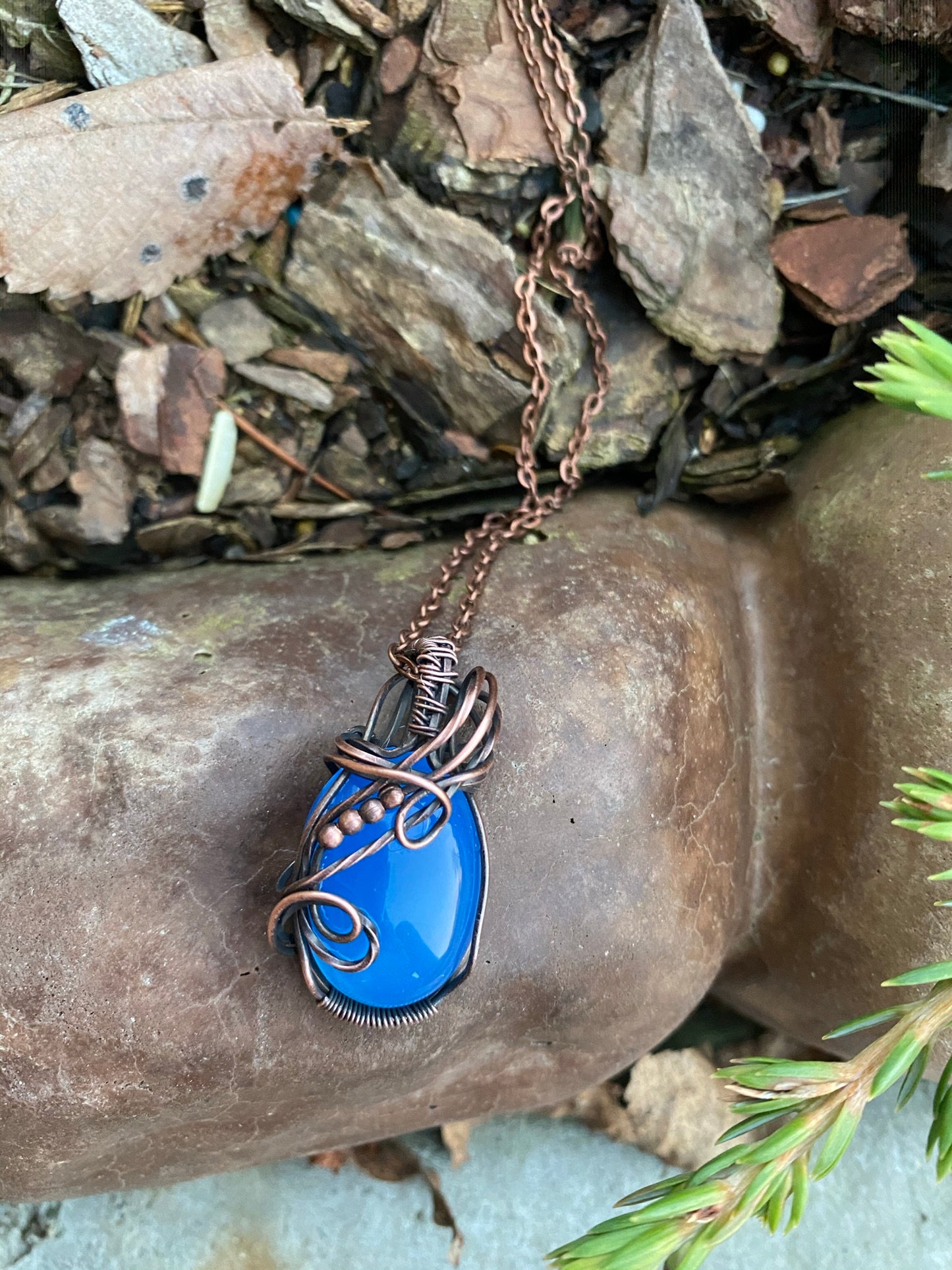 Oval Blue Chalcedony Stone, Wire Wrapped Pendant Necklace