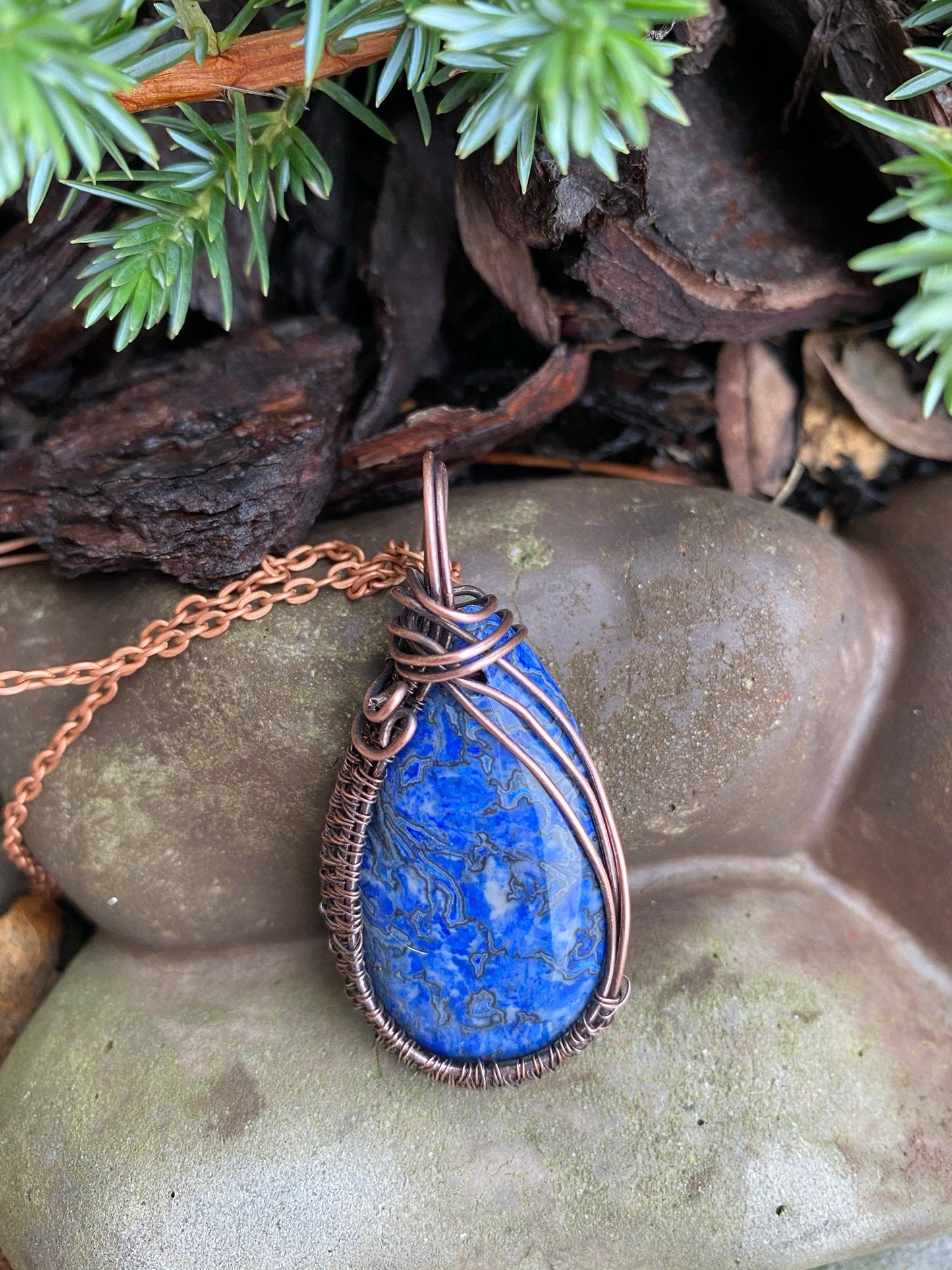 Wire Wrapped Blue Crazy Lace Agate Pendant