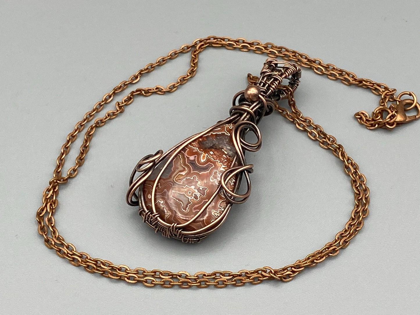 Teardrop Crazy Lace Pendant Wire Wrapped in Copper