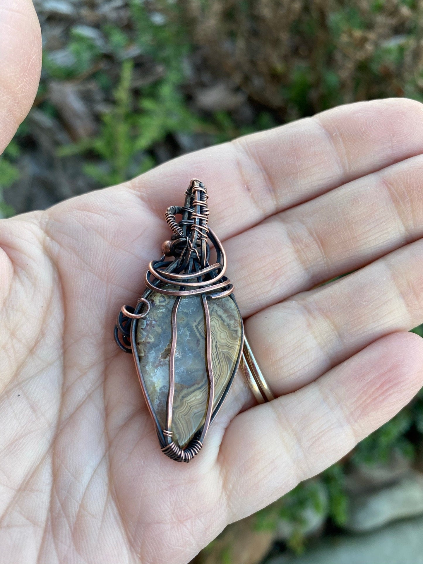 Earth Toned Crazy Lace Teardrop Wire Wrapped Pendant