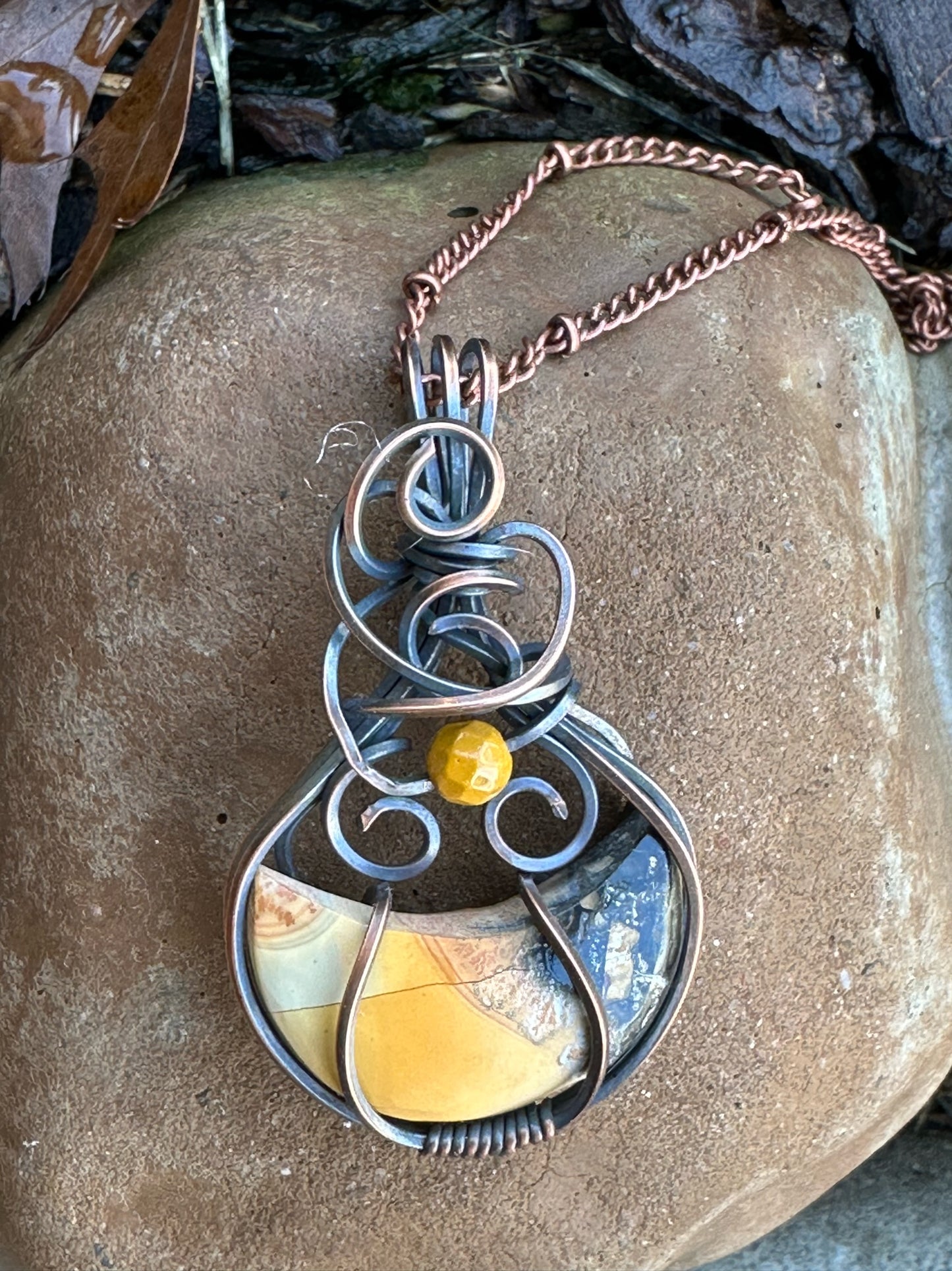 Crescent Moon Maligano Jasper With Bead Handmade Wire Wrapped Pendant