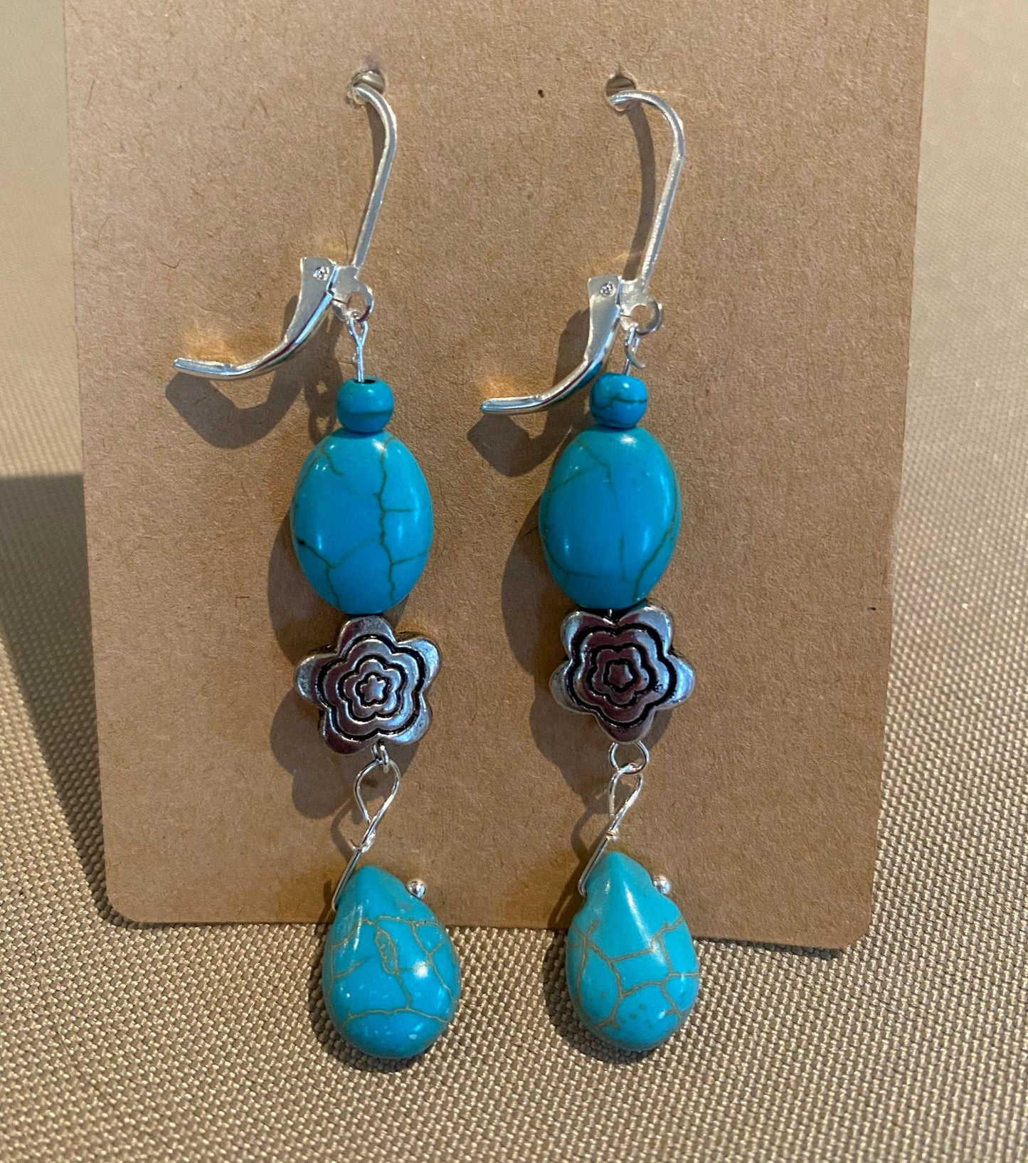 Turquoise Beads with Silver Flower Earrings