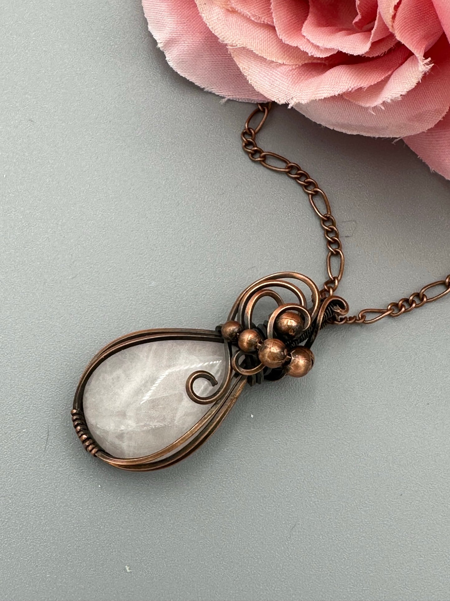 Rose Quartz Teardrop Pendant | Wire Wrapped Handmade Necklace